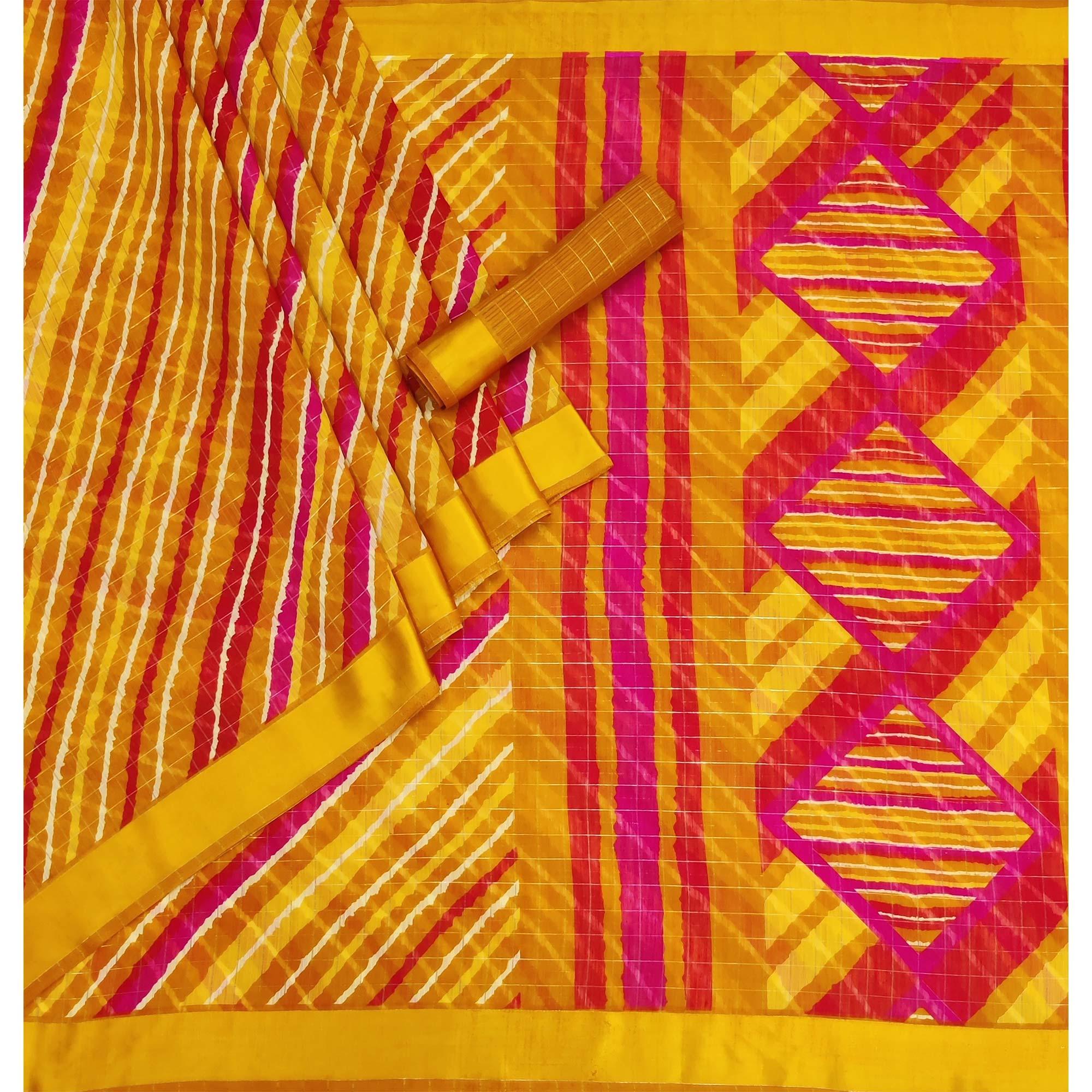 Yellow Stripe Printed Linen Saree - Peachmode