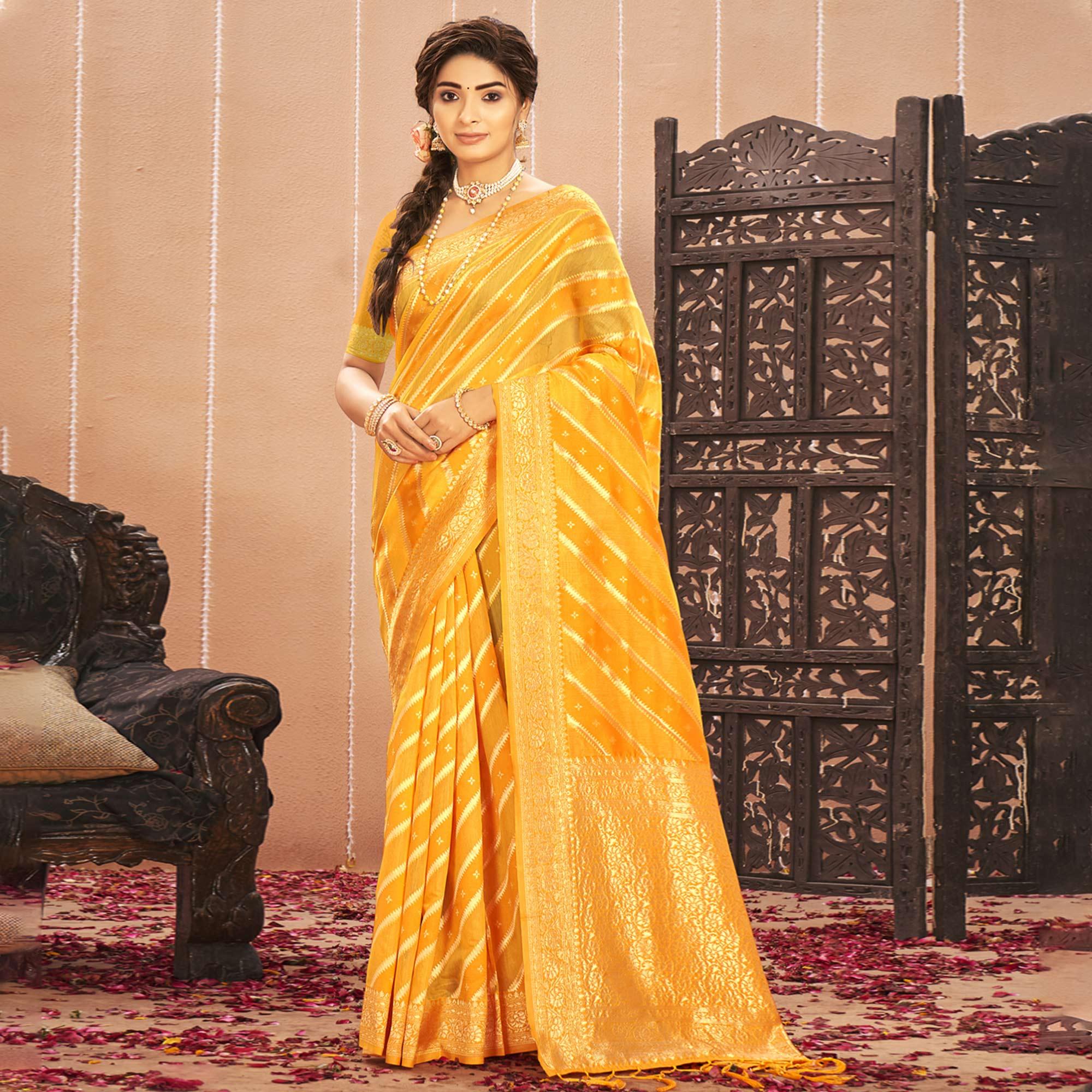 Yellow Stripe With Woven Art Silk Saree - Peachmode