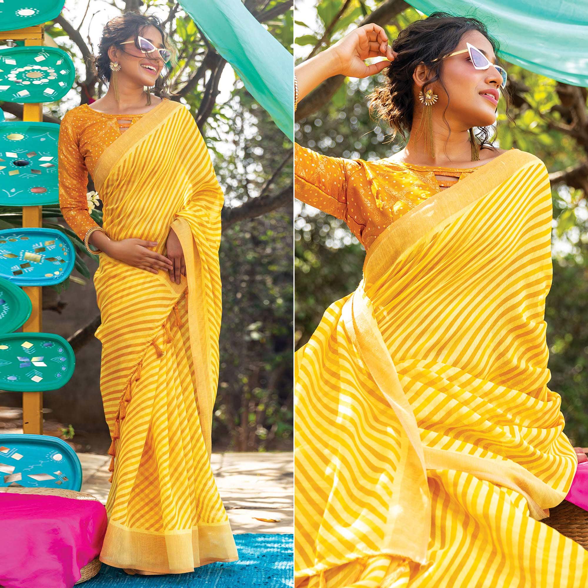 Yellow Striped Printed Cotton Saree With Tassels - Peachmode