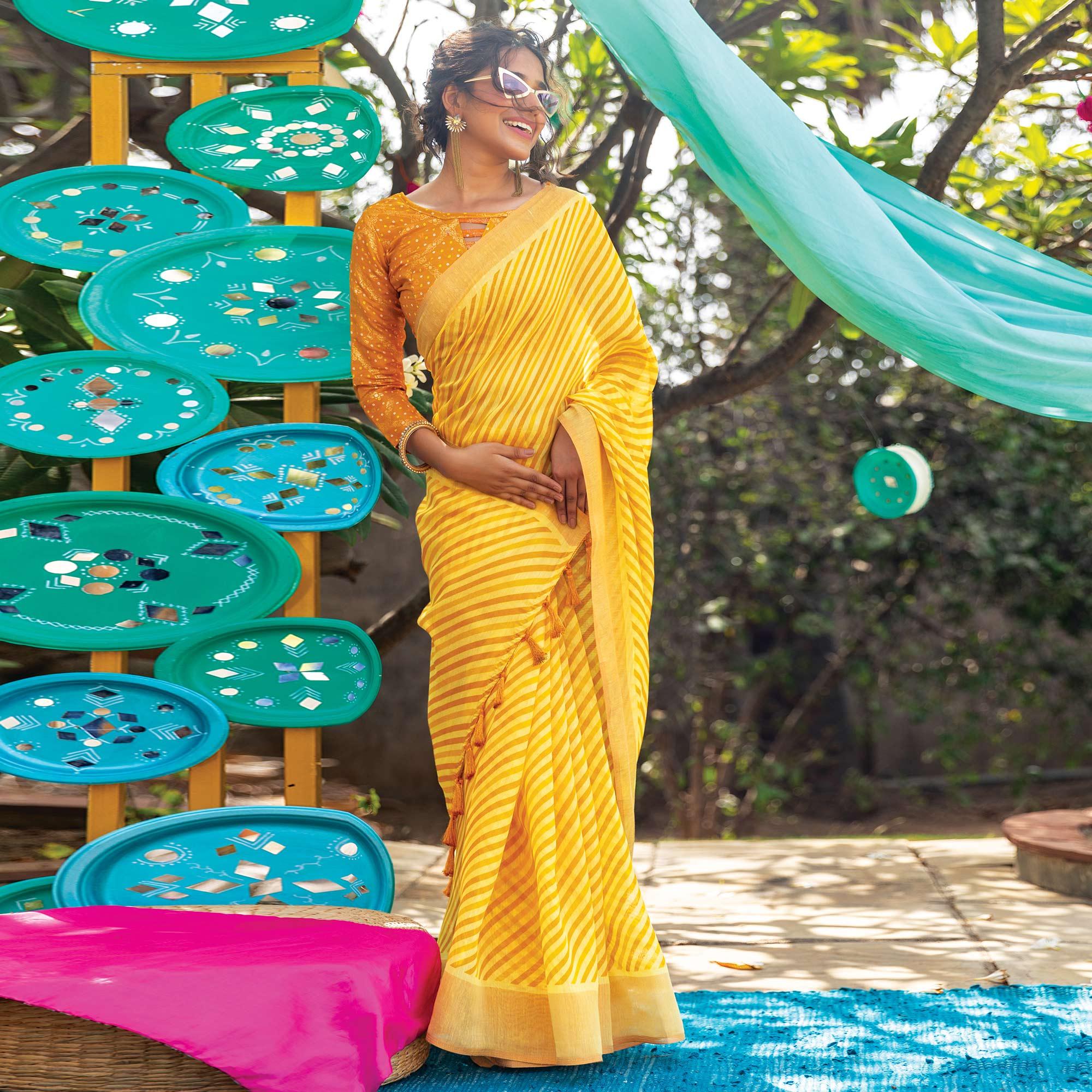 Yellow Striped Printed Cotton Saree With Tassels - Peachmode