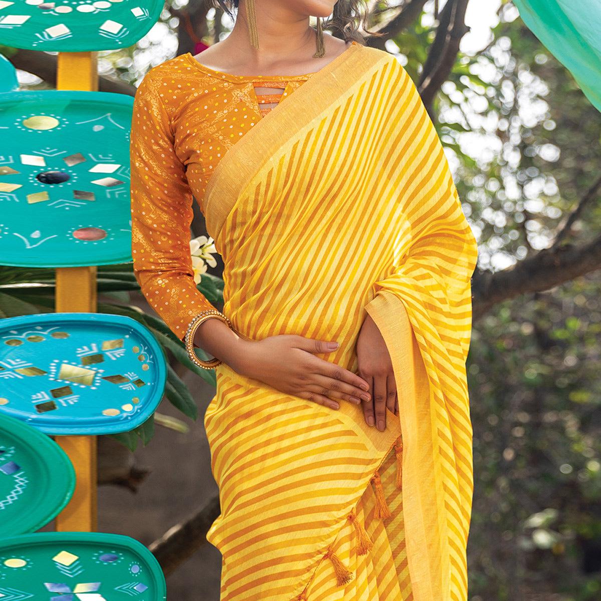 Yellow Striped Printed Cotton Saree With Tassels - Peachmode