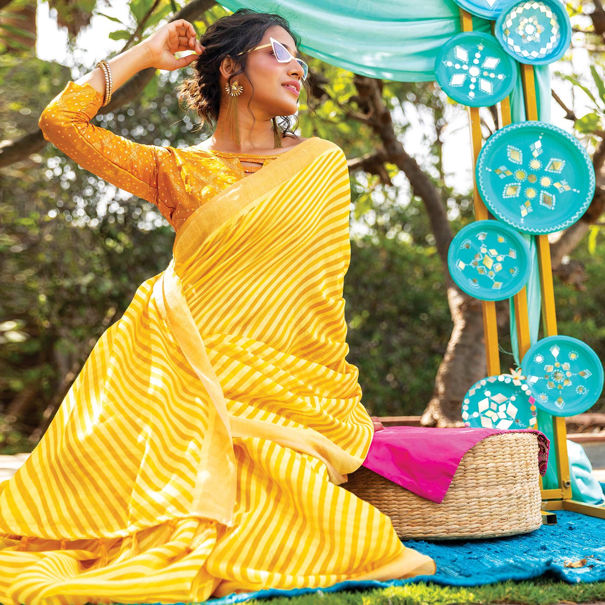 Yellow Striped Printed Cotton Saree With Tassels - Peachmode