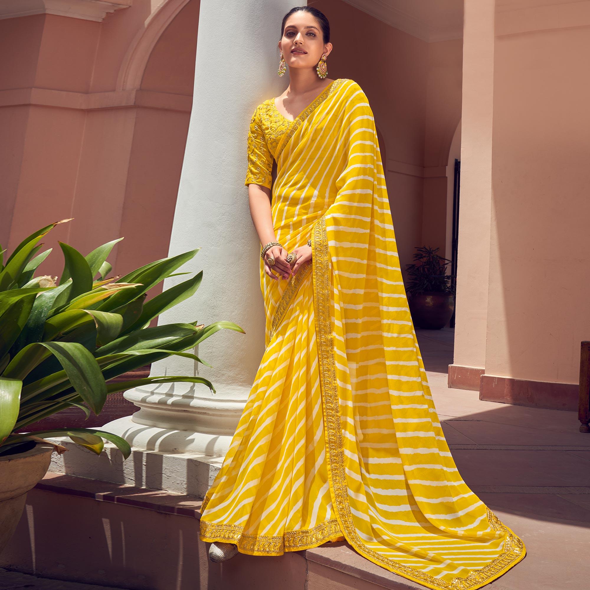 Yellow Striped Printed Georgette Saree - Peachmode