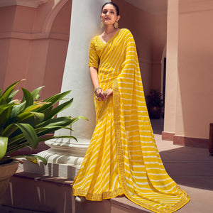 Yellow Striped Printed Georgette Saree - Peachmode