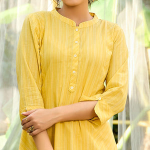 Yellow Striped Printed Pure Cotton Dress - Peachmode