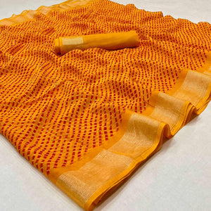 Yellow Stripes Printed Chiffon Saree - Peachmode