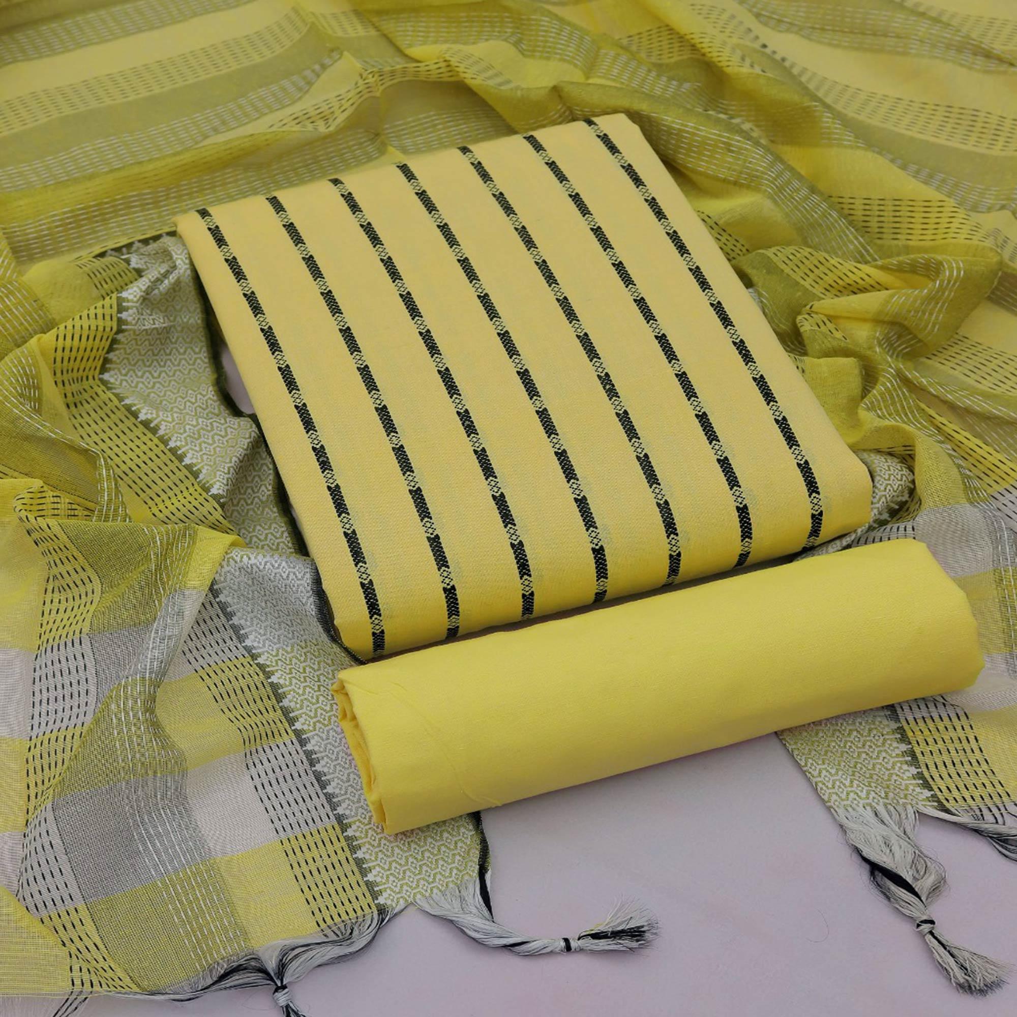 Yellow Stripes Printed Poly Cotton Dress Material - Peachmode