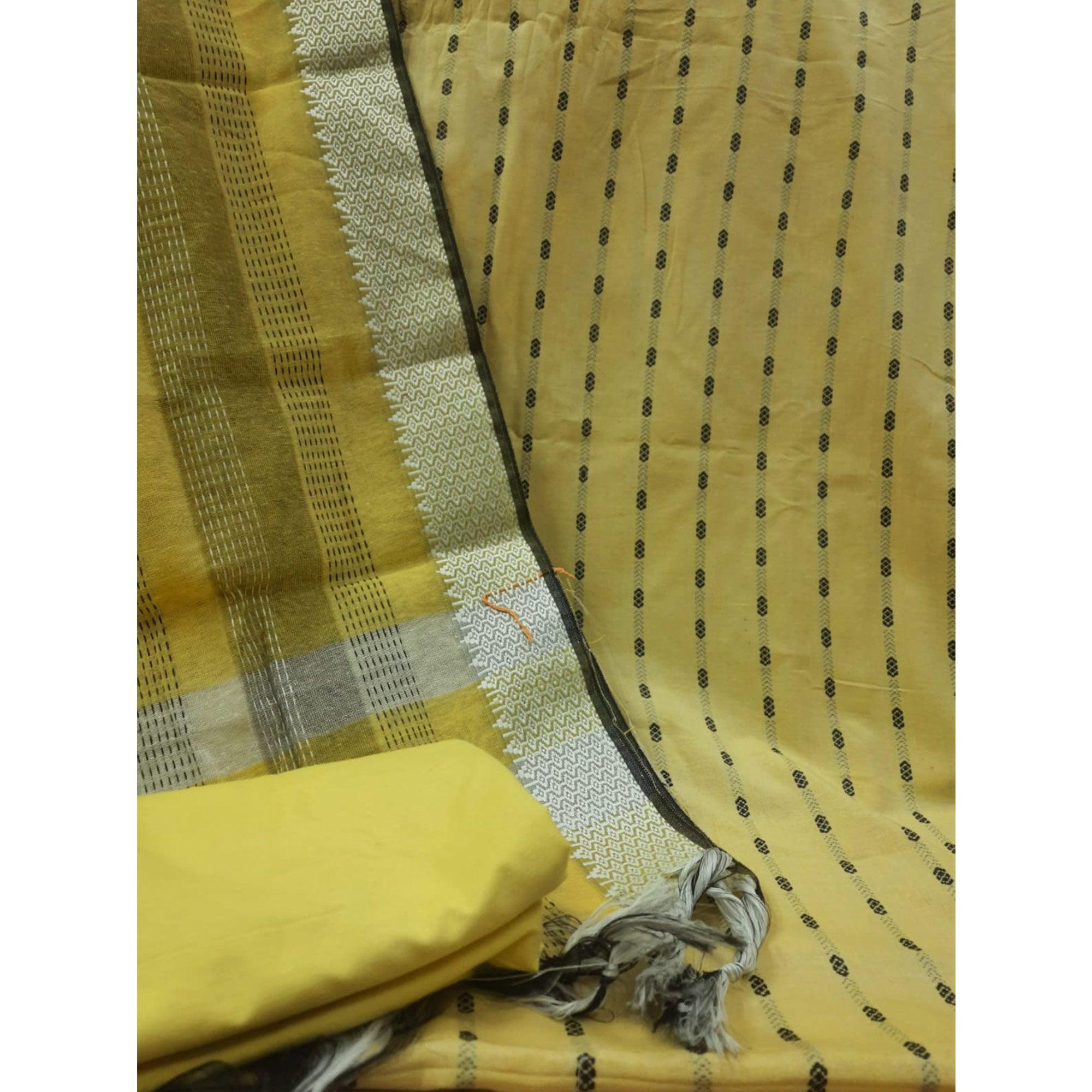 Yellow Stripes Printed Poly Cotton Dress Material - Peachmode