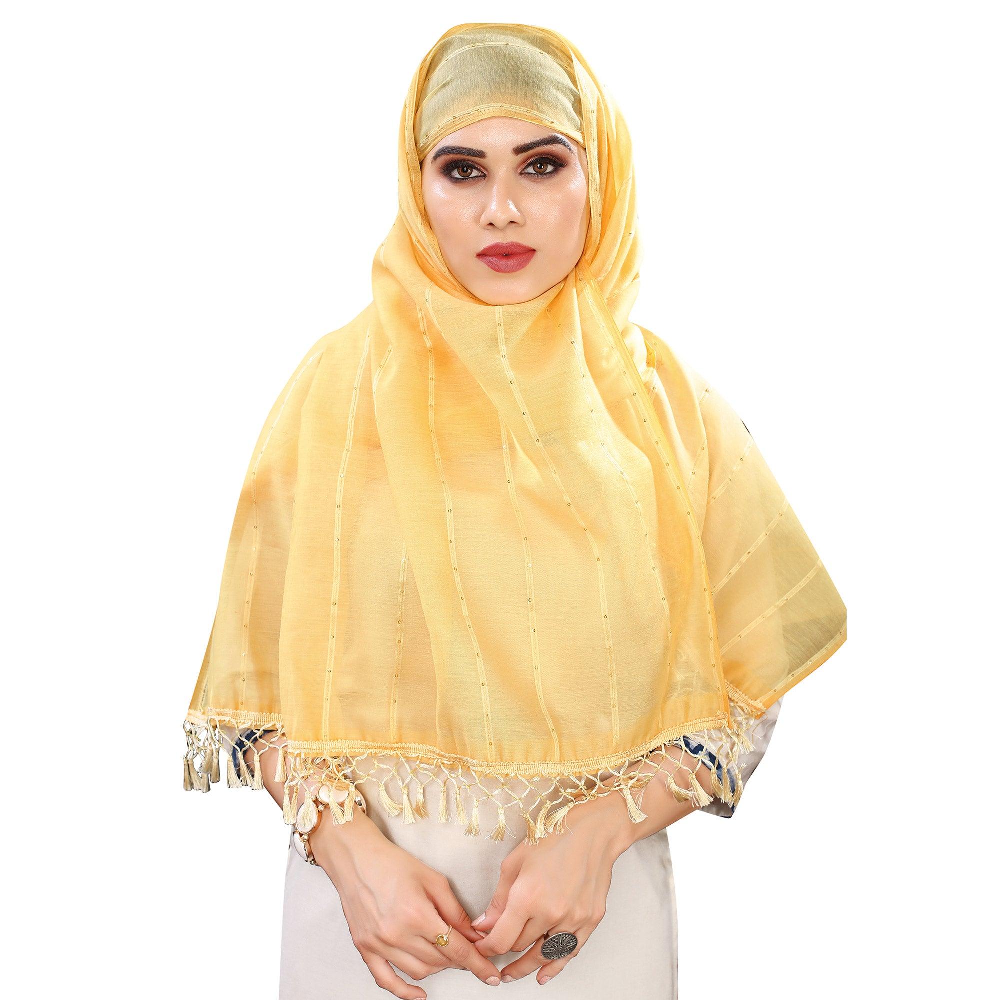 Yellow Stripes Woven Sequence Festive Wear Cotton Silk Dupatta - Peachmode