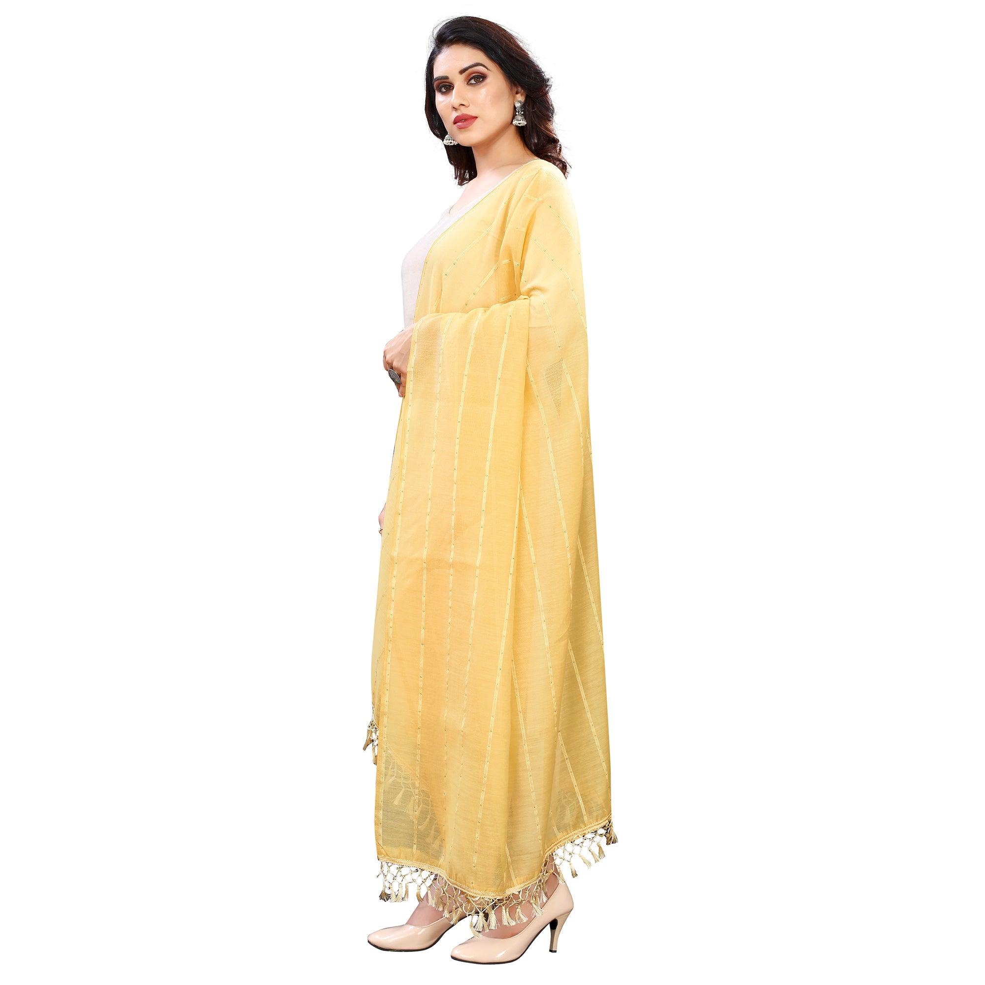 Yellow Stripes Woven Sequence Festive Wear Cotton Silk Dupatta - Peachmode