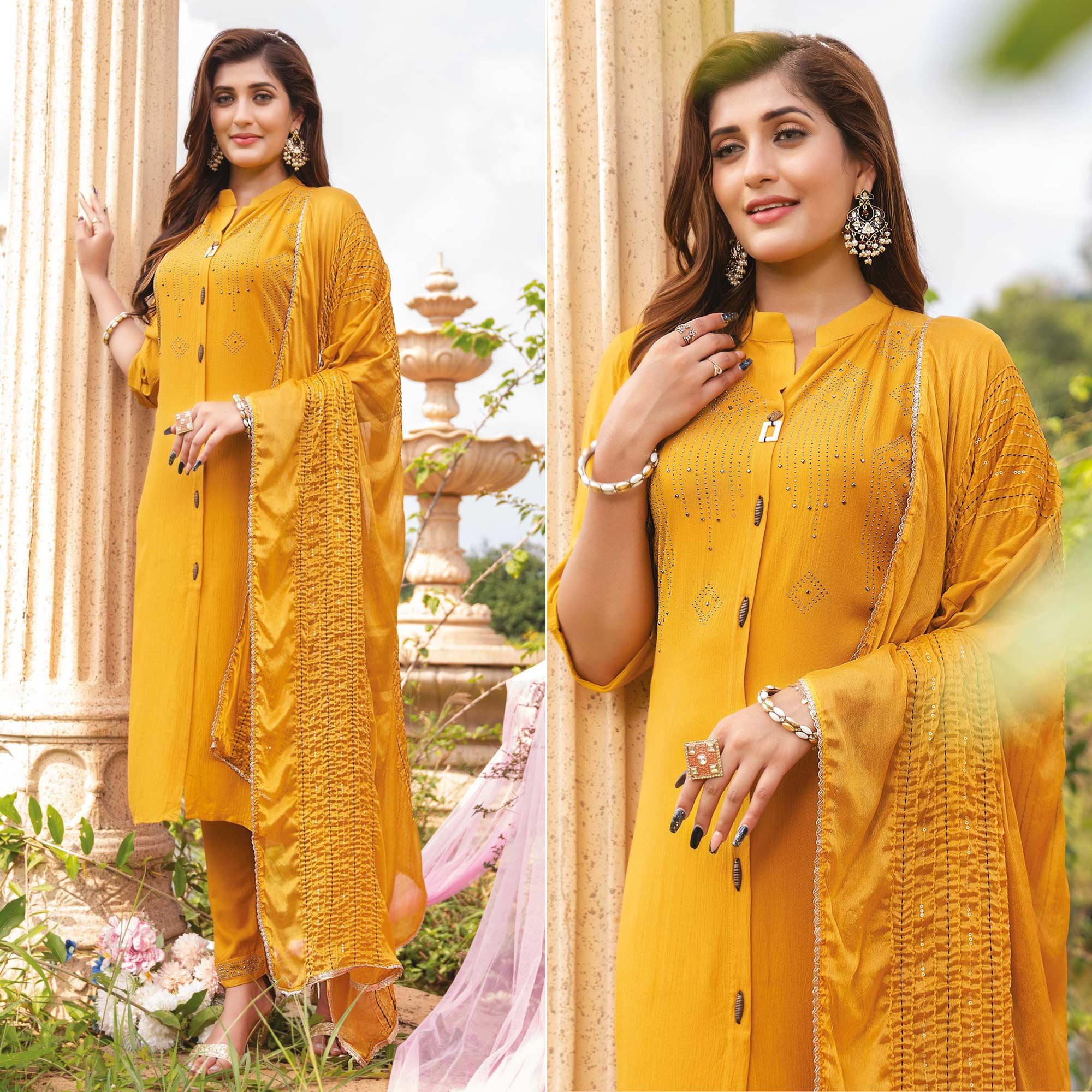 Yellow Swarovski Work Rayon Salwar Suit - Peachmode