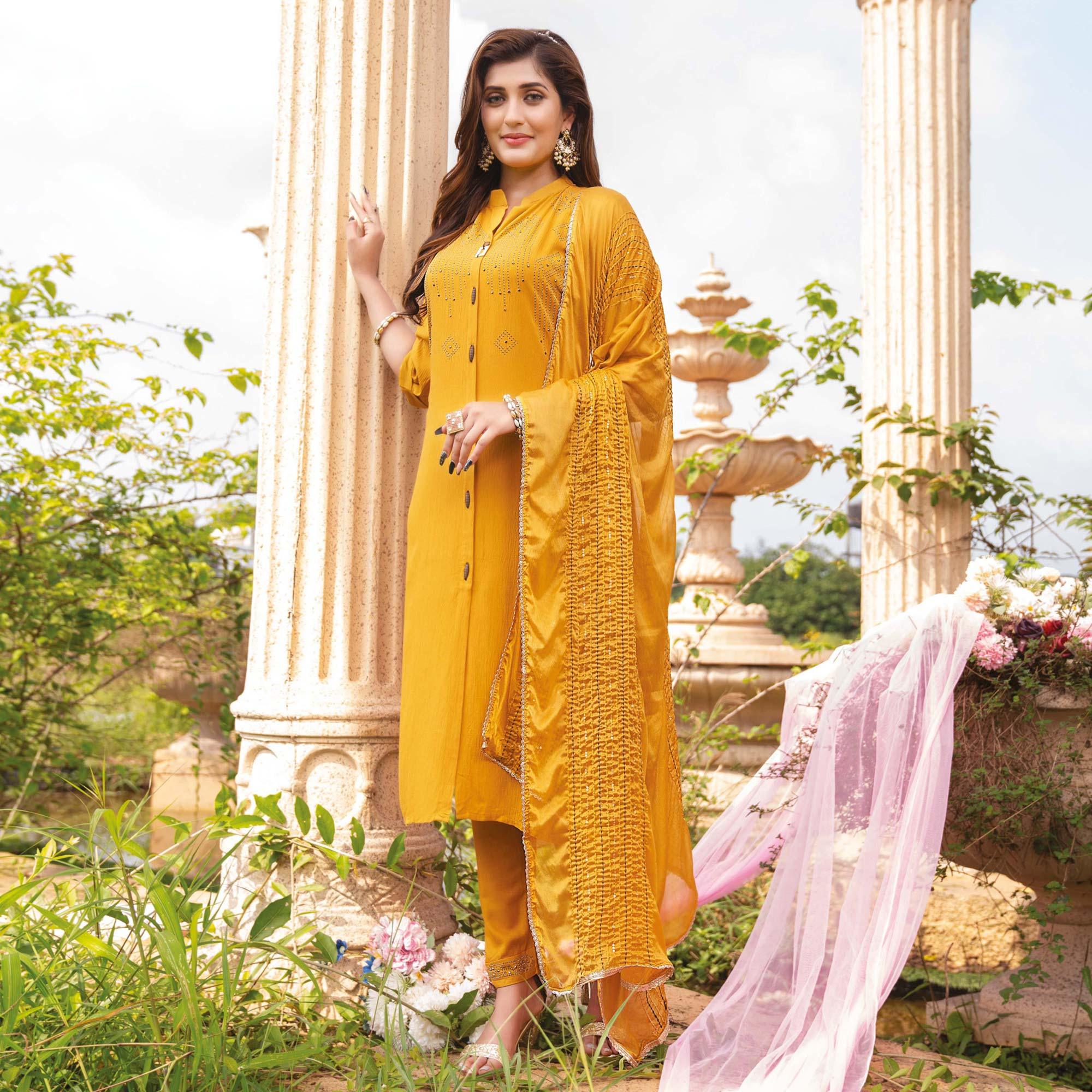 Yellow Swarovski Work Rayon Salwar Suit - Peachmode