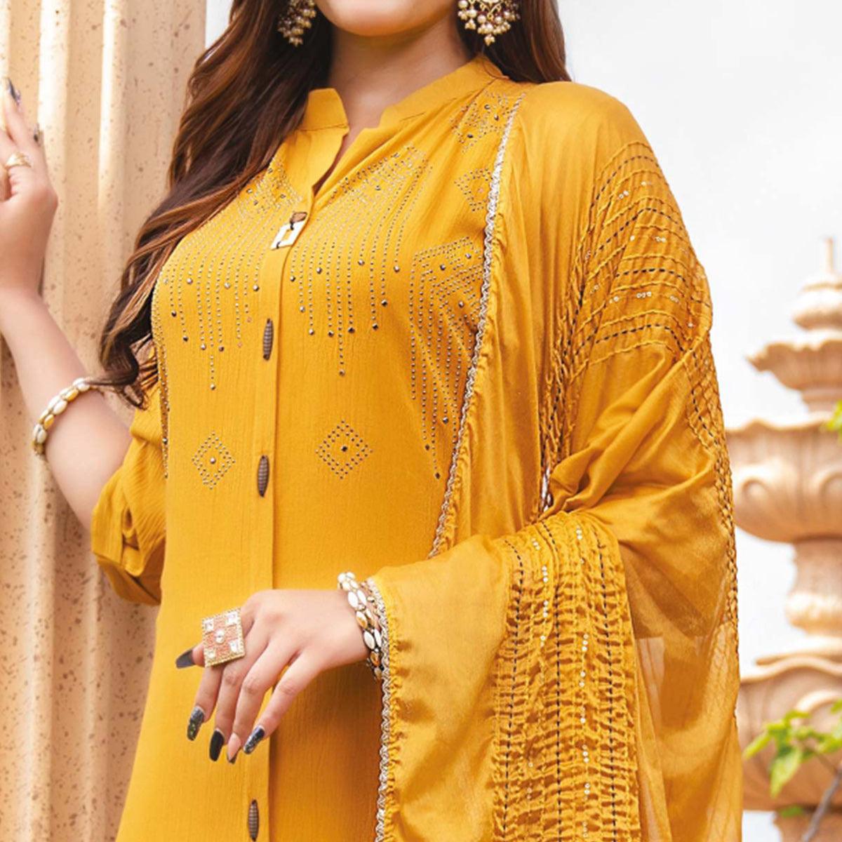 Yellow Swarovski Work Rayon Salwar Suit - Peachmode