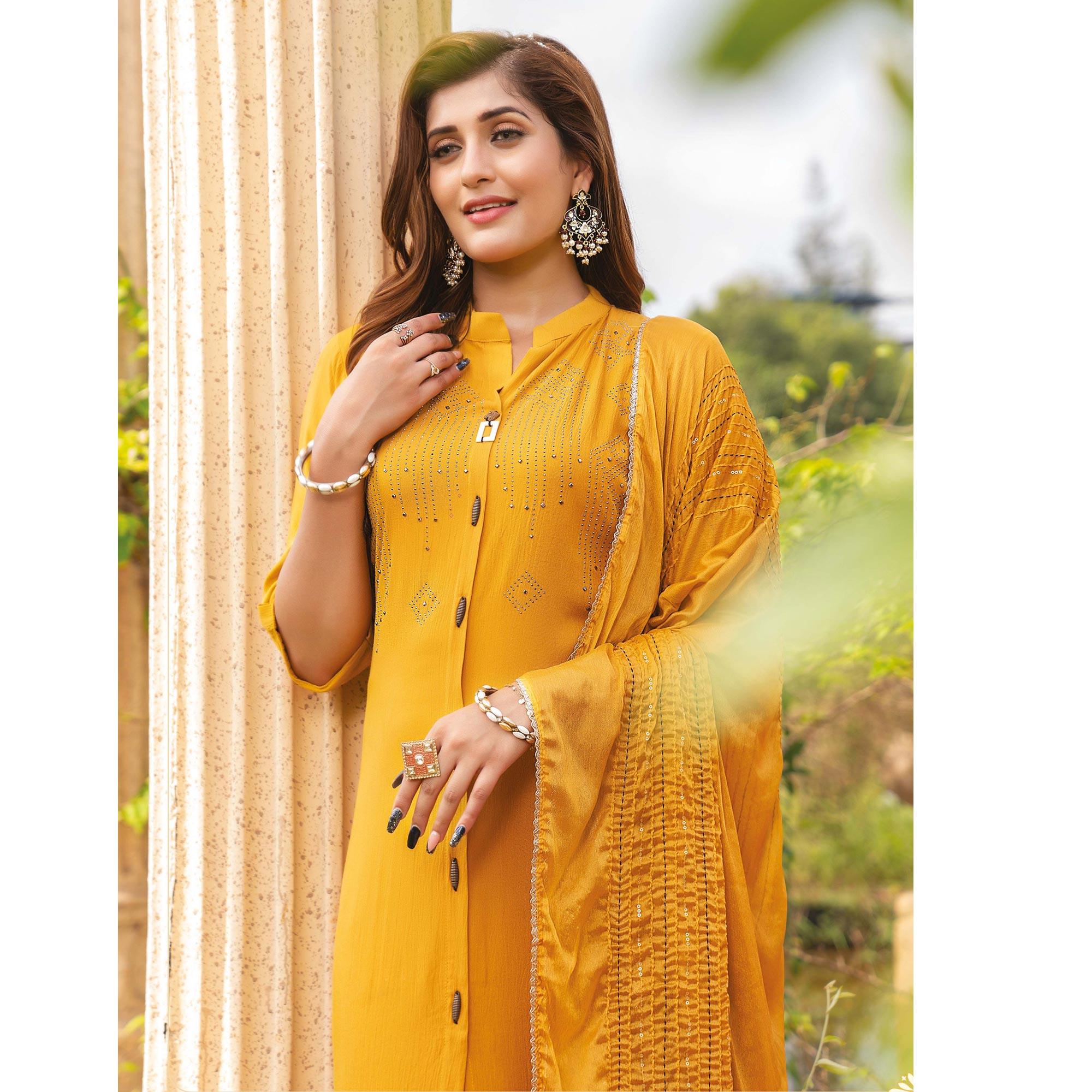 Yellow Swarovski Work Rayon Salwar Suit - Peachmode