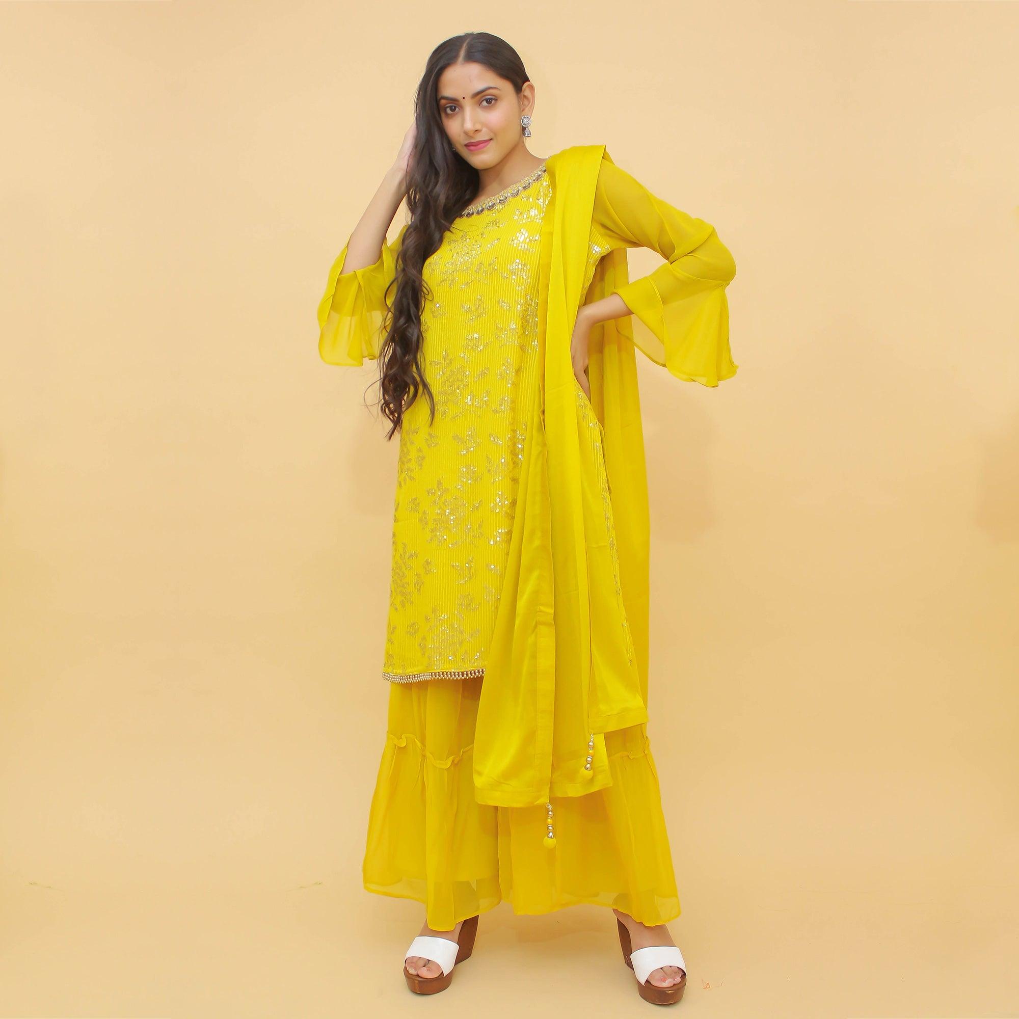Yellow Thread Sequence Embroidered Chiffon Sharara Suit - Peachmode