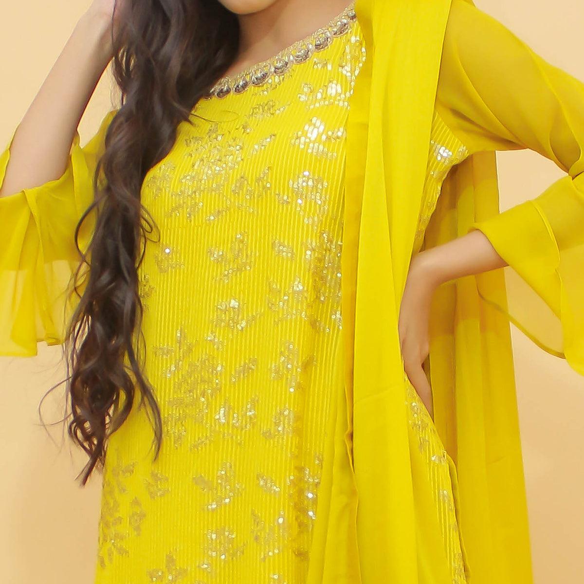 Yellow Thread Sequence Embroidered Chiffon Sharara Suit - Peachmode