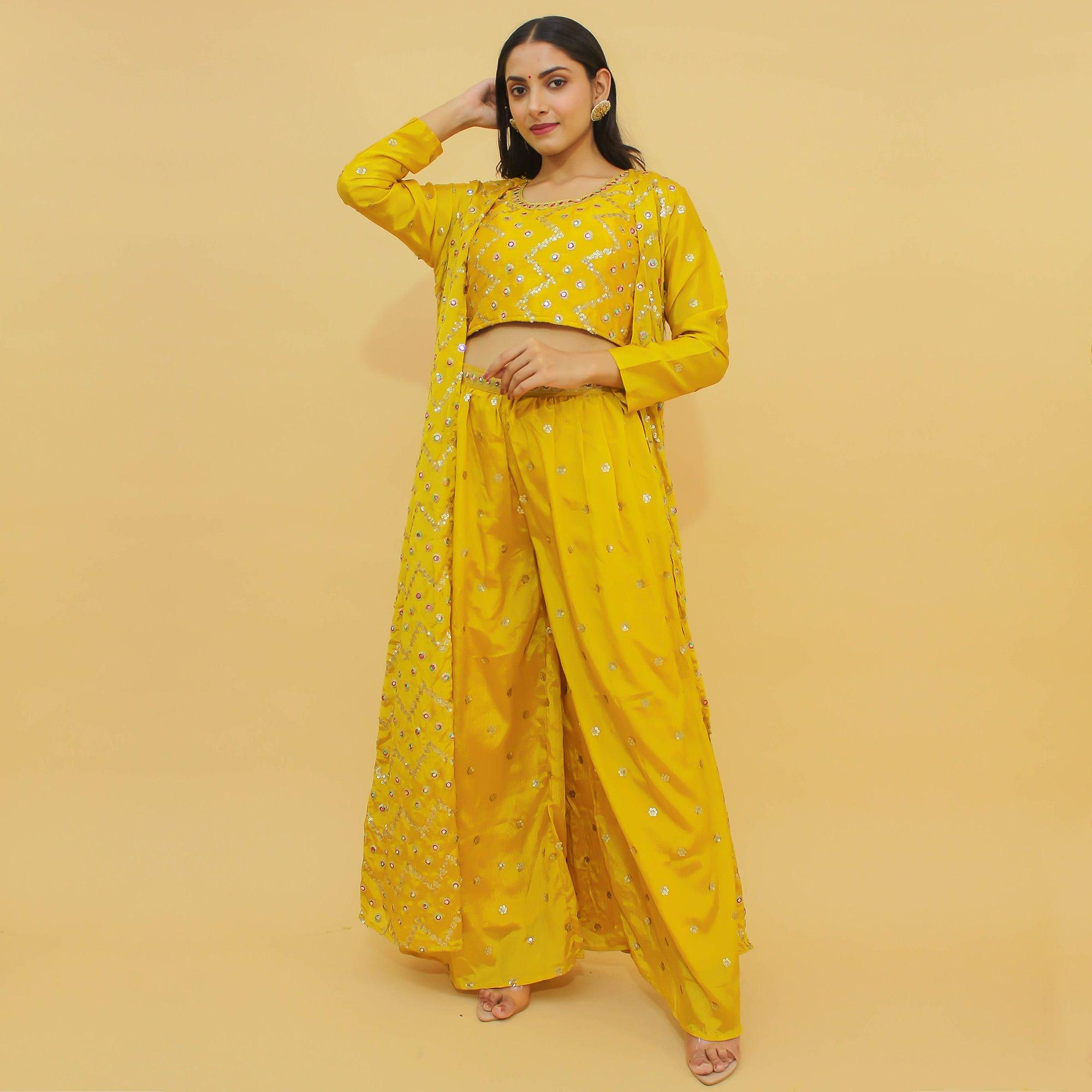 Yellow Thread Sequence With Foil Work Chiffon Partywear Suit - Peachmode