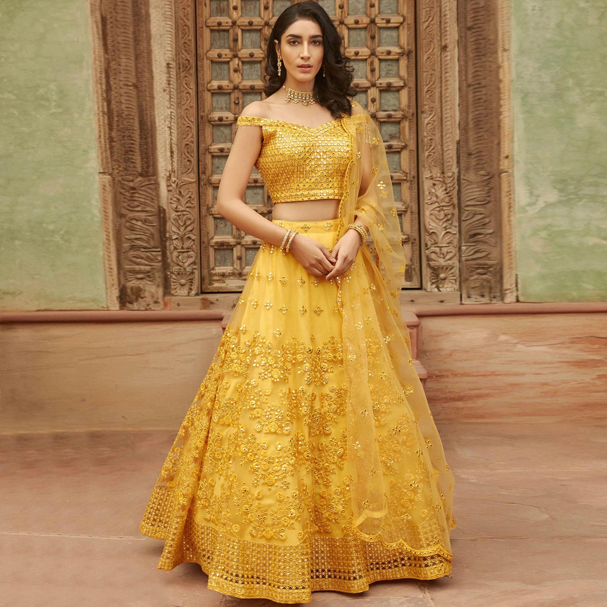 Yellow Wedding Wear Designer Embroidered Organza Lahenga Choli - Peachmode