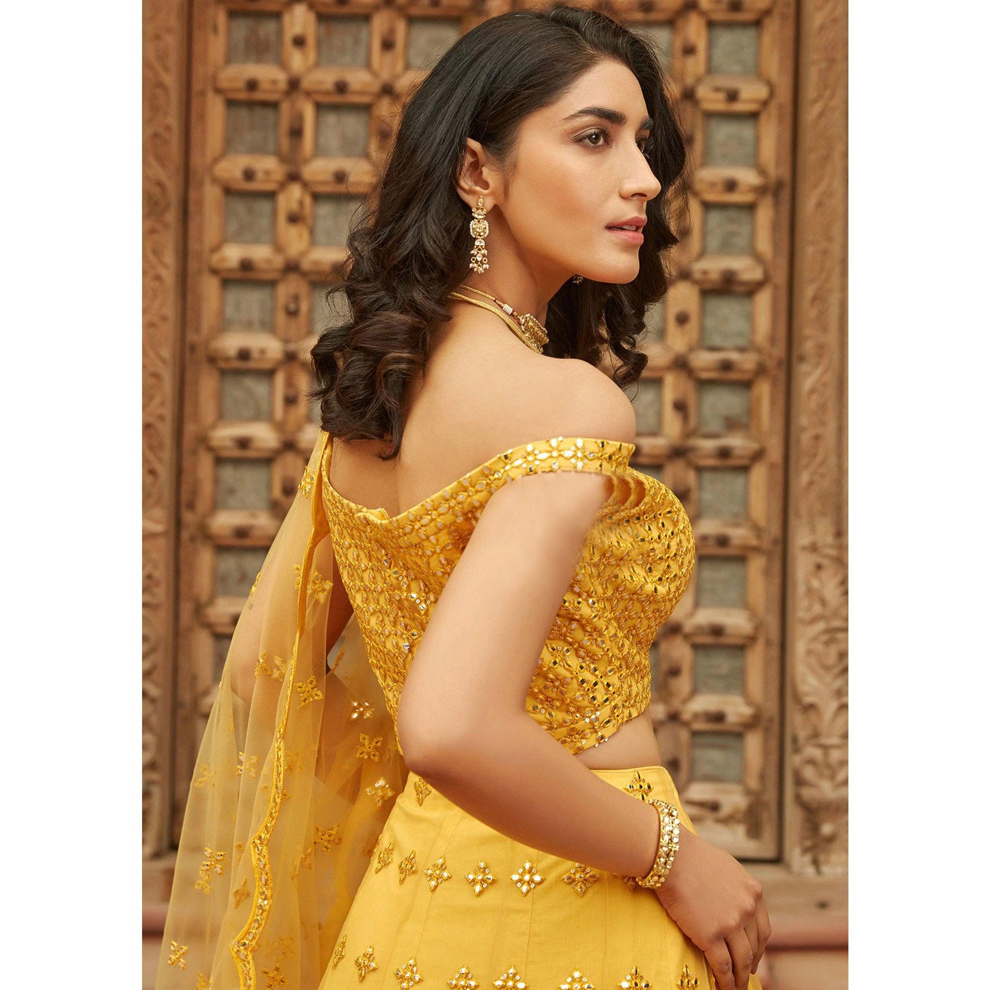Yellow Wedding Wear Designer Embroidered Organza Lahenga Choli - Peachmode