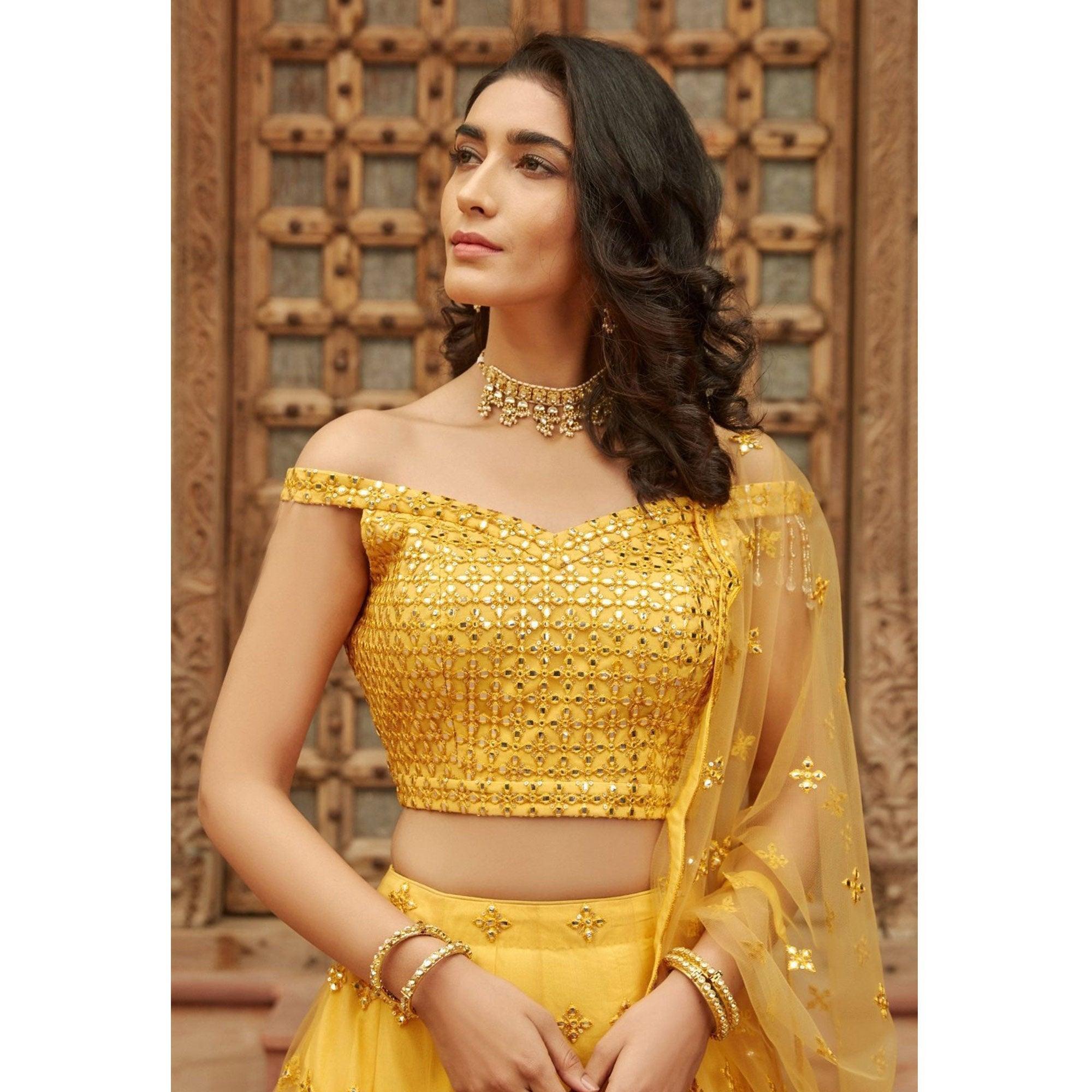 Yellow Wedding Wear Designer Embroidered Organza Lahenga Choli - Peachmode