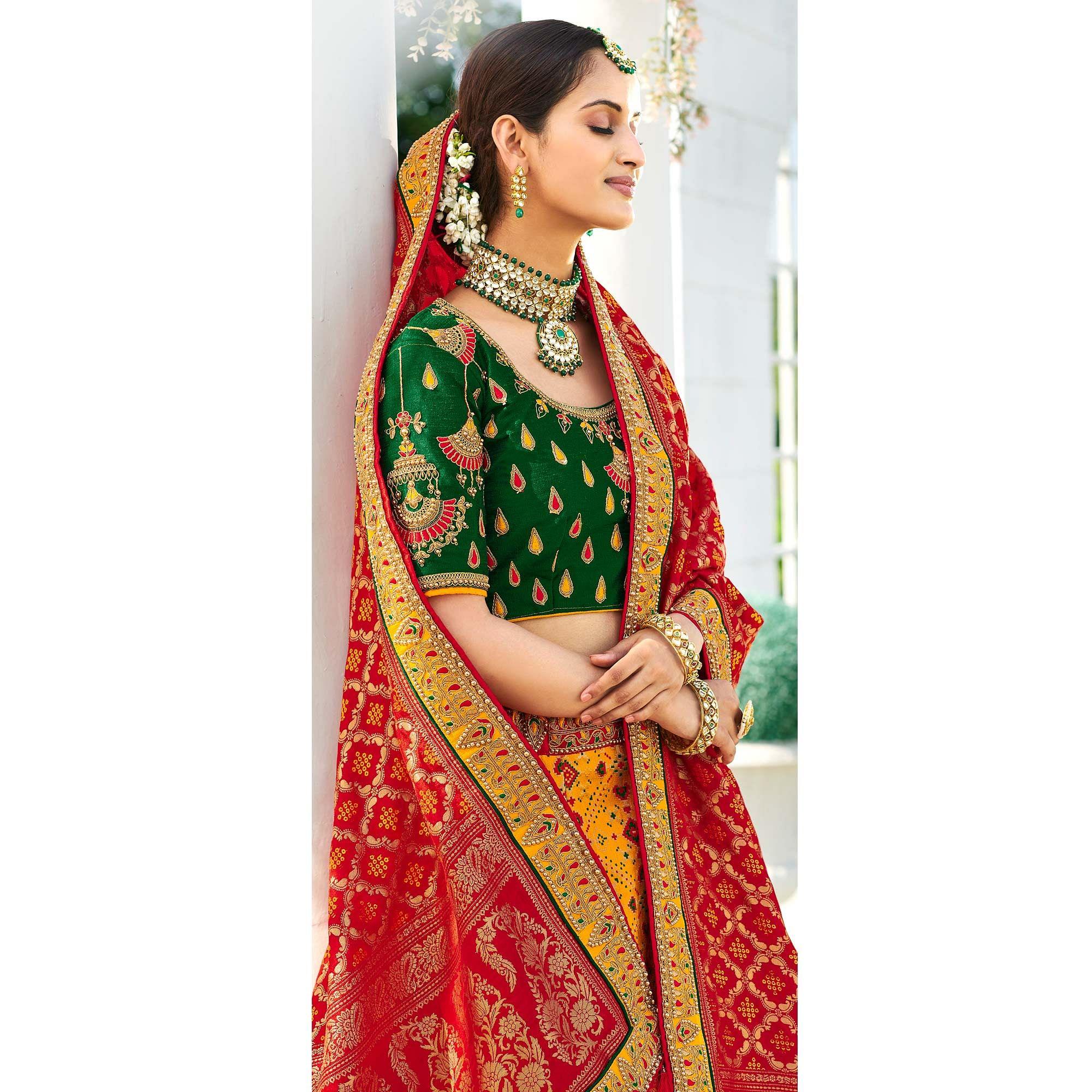 Yellow Wedding Wear Heavy Embroidered Banarasi Silk Lehenga Choli - Peachmode