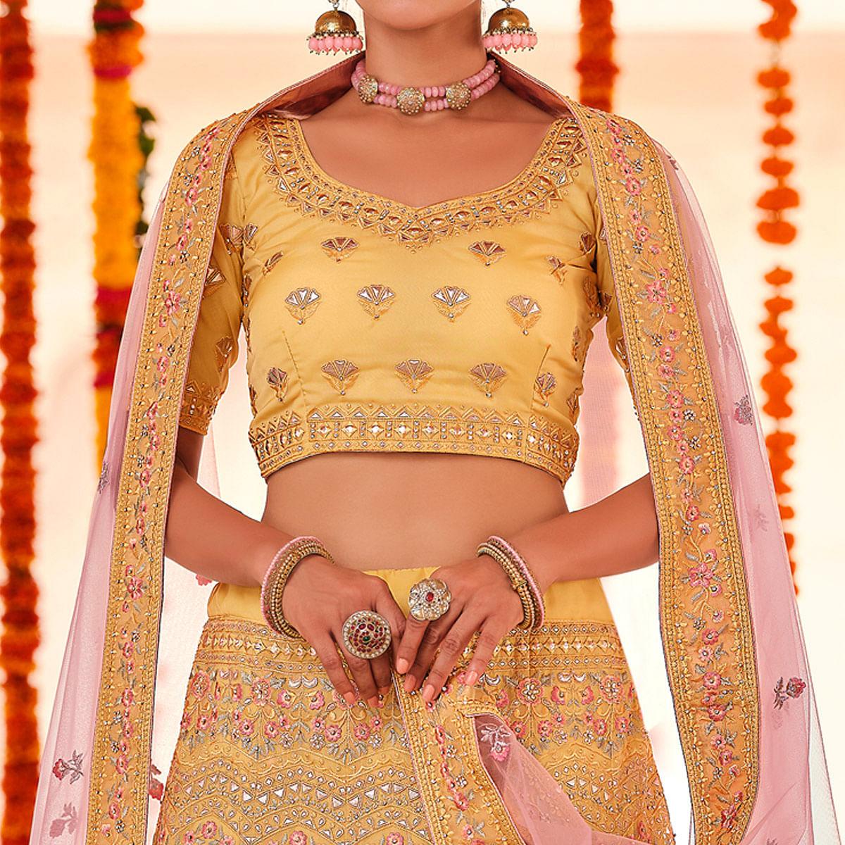 Yellow Wedding Wear Heavy Embroidered Organza Lehenga Choli - Peachmode