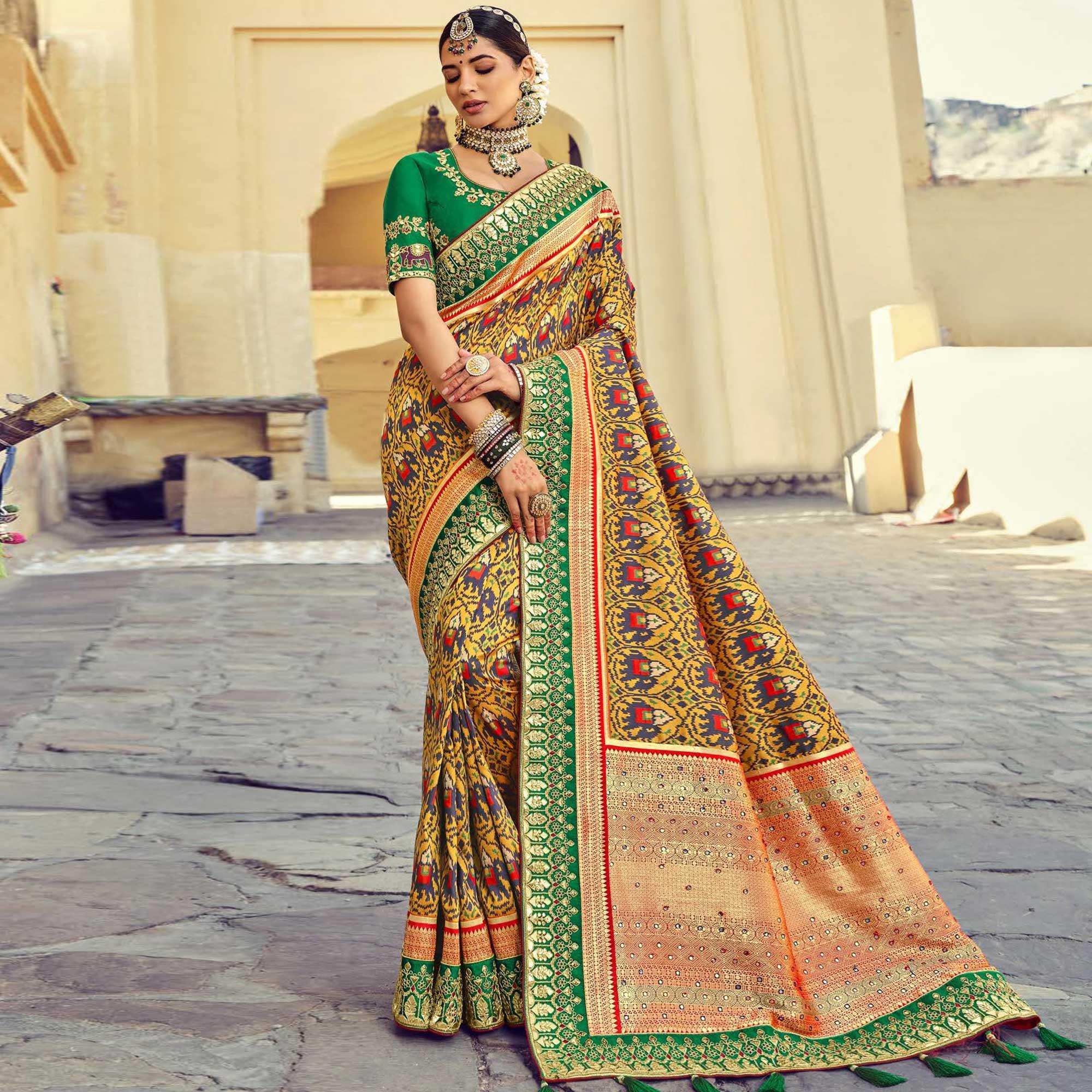 Yellow Wedding Wear Resham With Embellished Silk Patola Saree - Peachmode