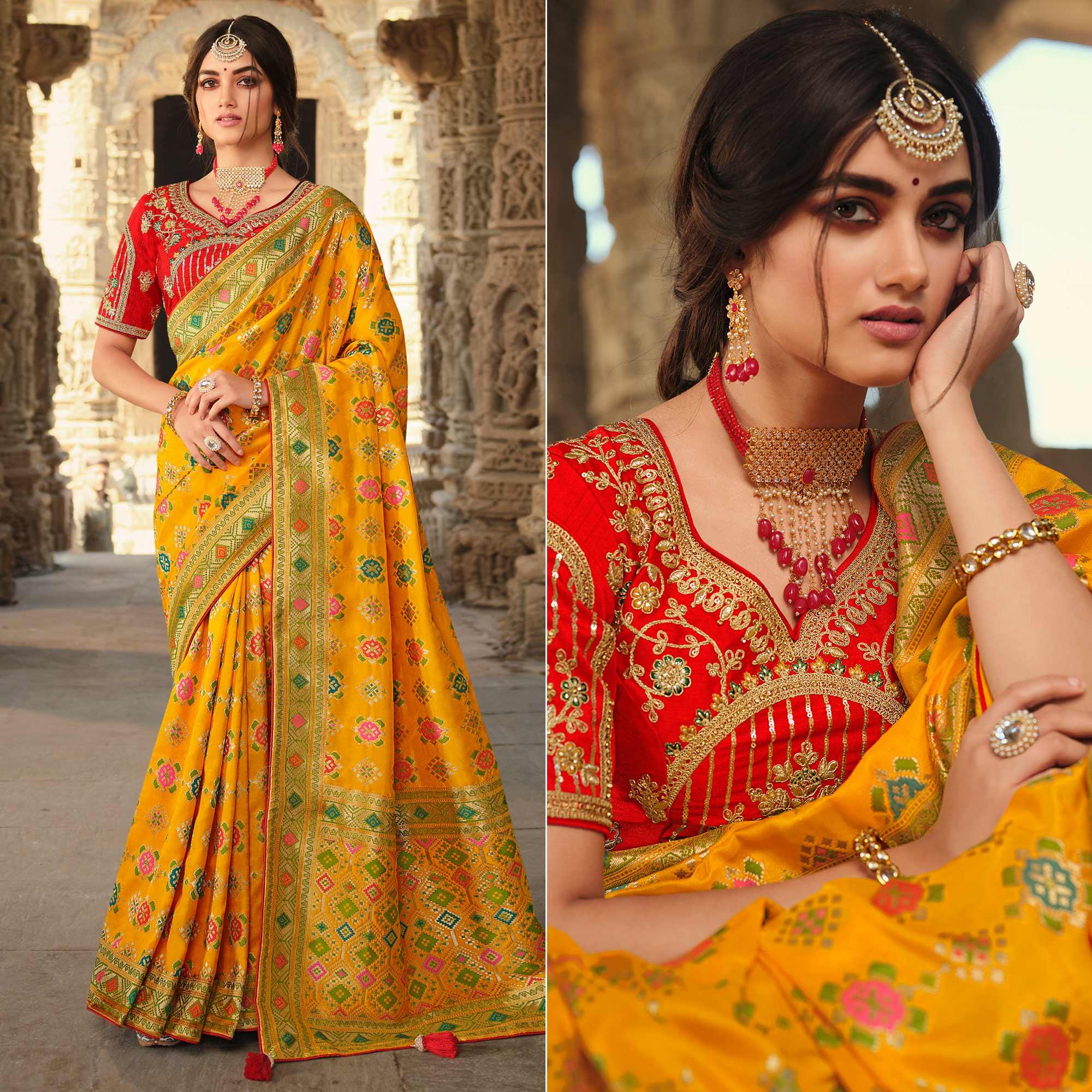 Yellow Wedding Wear Woven Silk Saree With Tassels - Peachmode