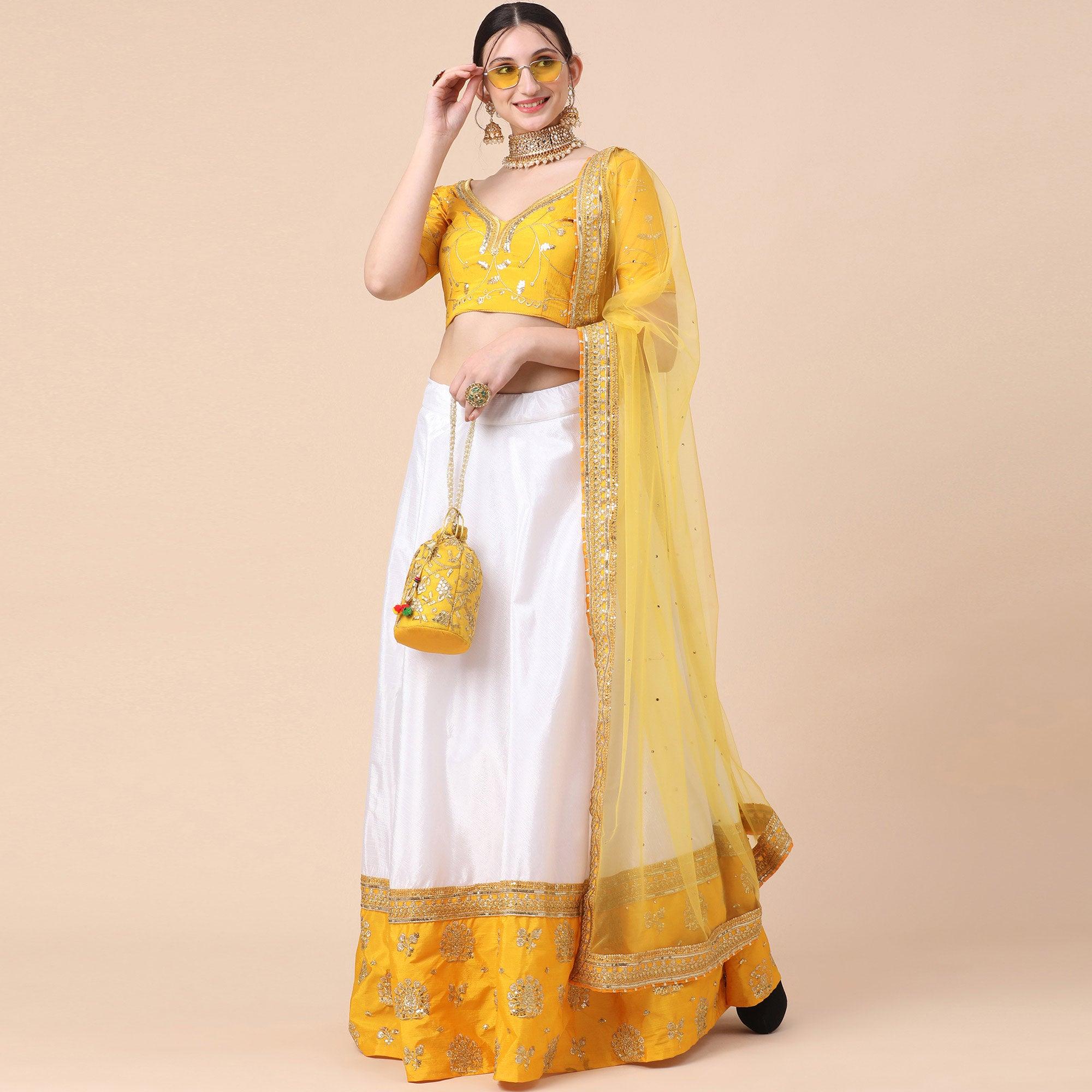 Yellow-White Party Wear Sequence Embroidered Satin Lehenga Choli - Peachmode