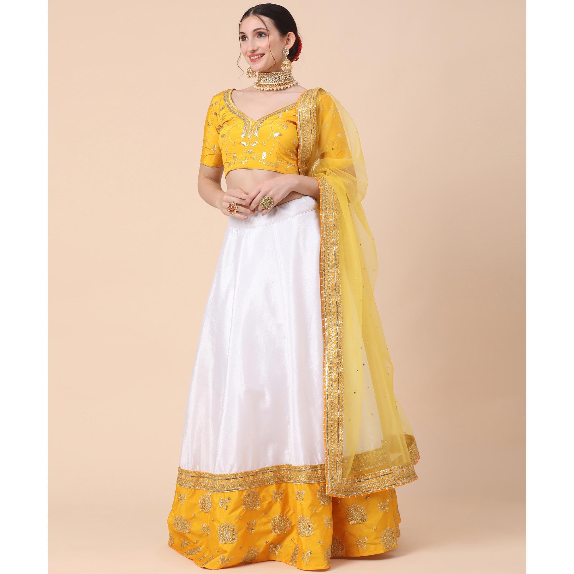 Yellow-White Party Wear Sequence Embroidered Satin Lehenga Choli - Peachmode