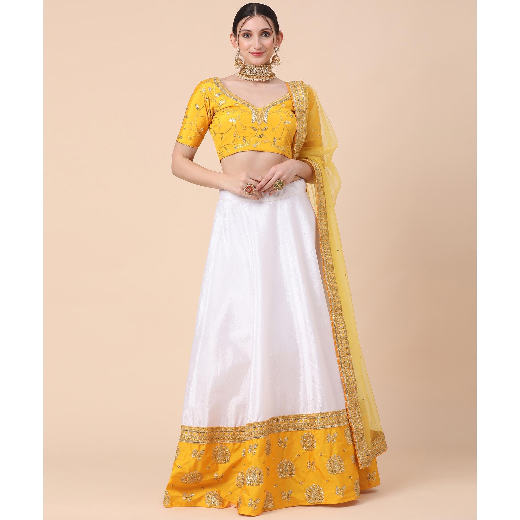 Yellow-White Party Wear Sequence Embroidered Satin Lehenga Choli - Peachmode