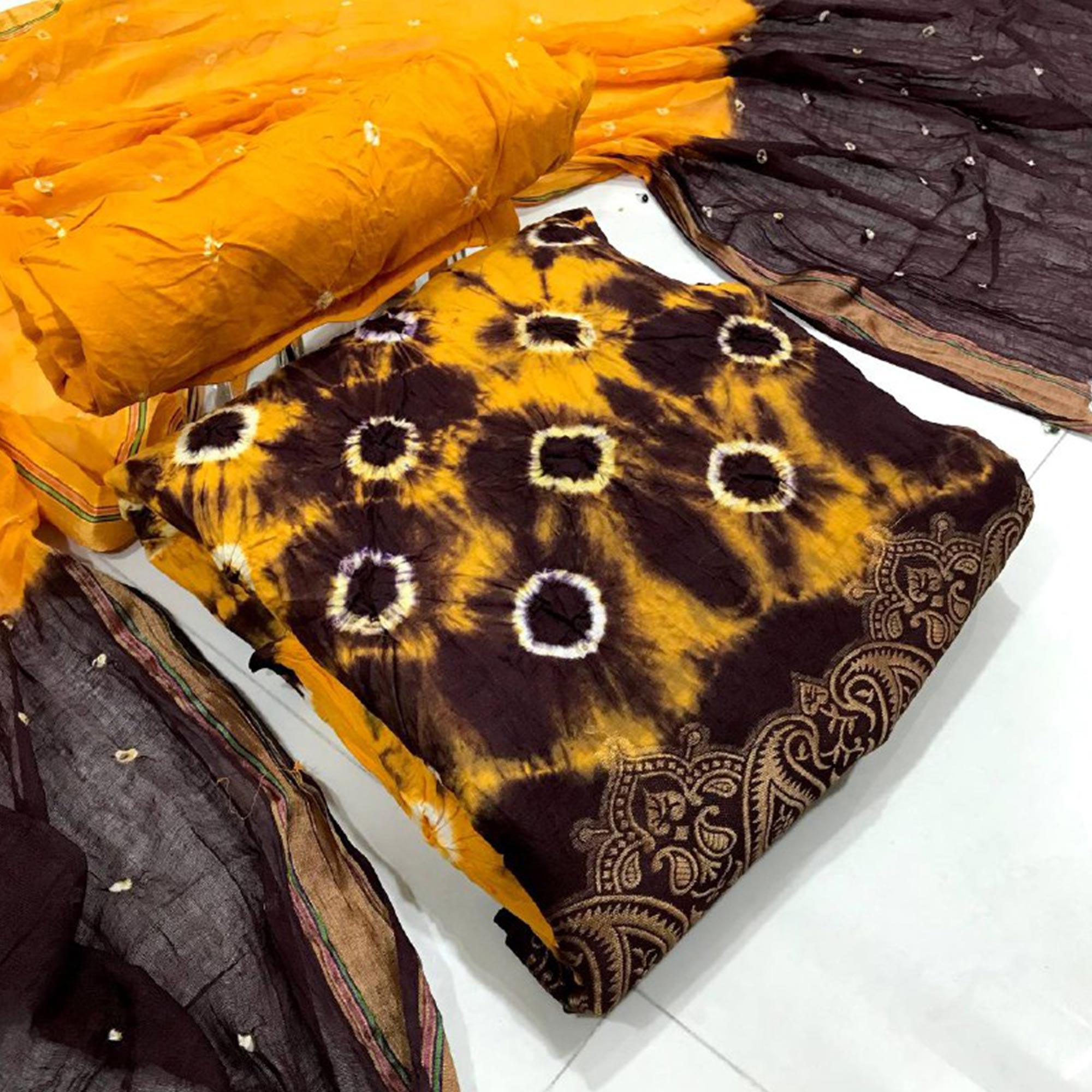 Yellow-Wine Bandhani Printed Pure Cotton Dress Material - Peachmode