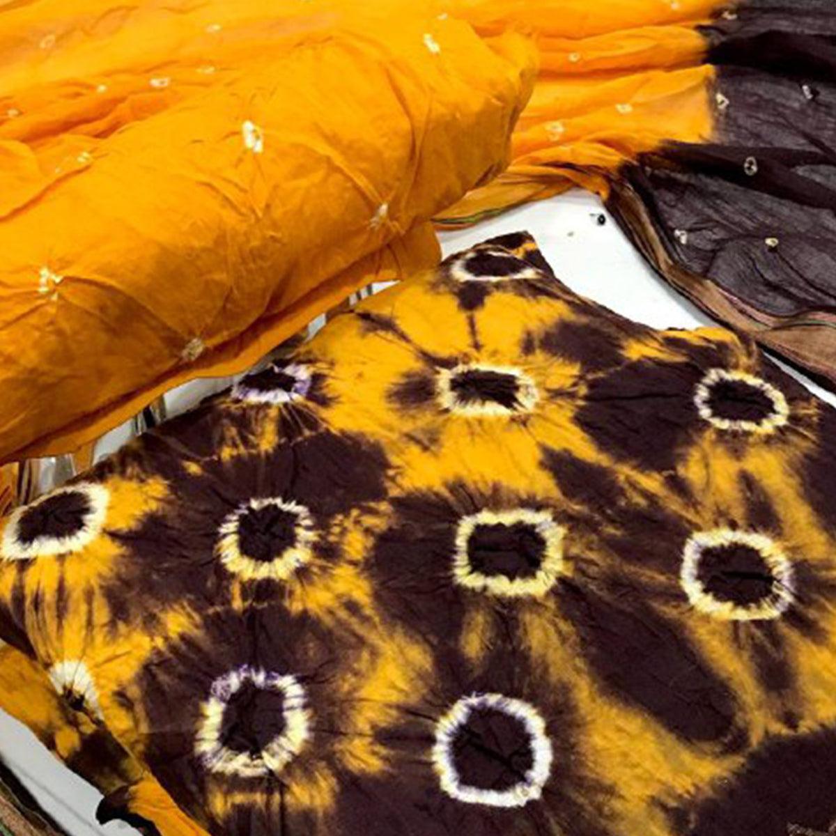 Yellow-Wine Bandhani Printed Pure Cotton Dress Material - Peachmode