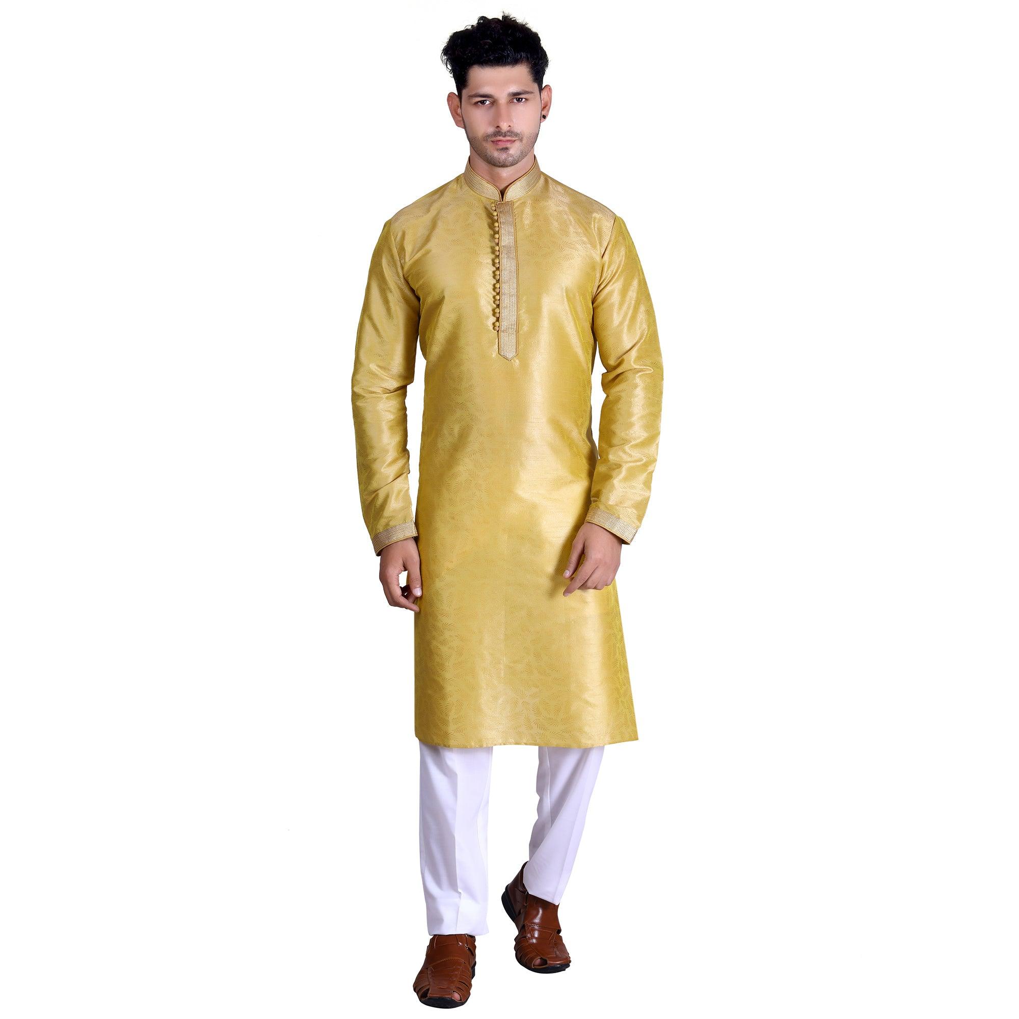 Yellow Woven Art Silk Men's Kurta Pyjama Set - Peachmode