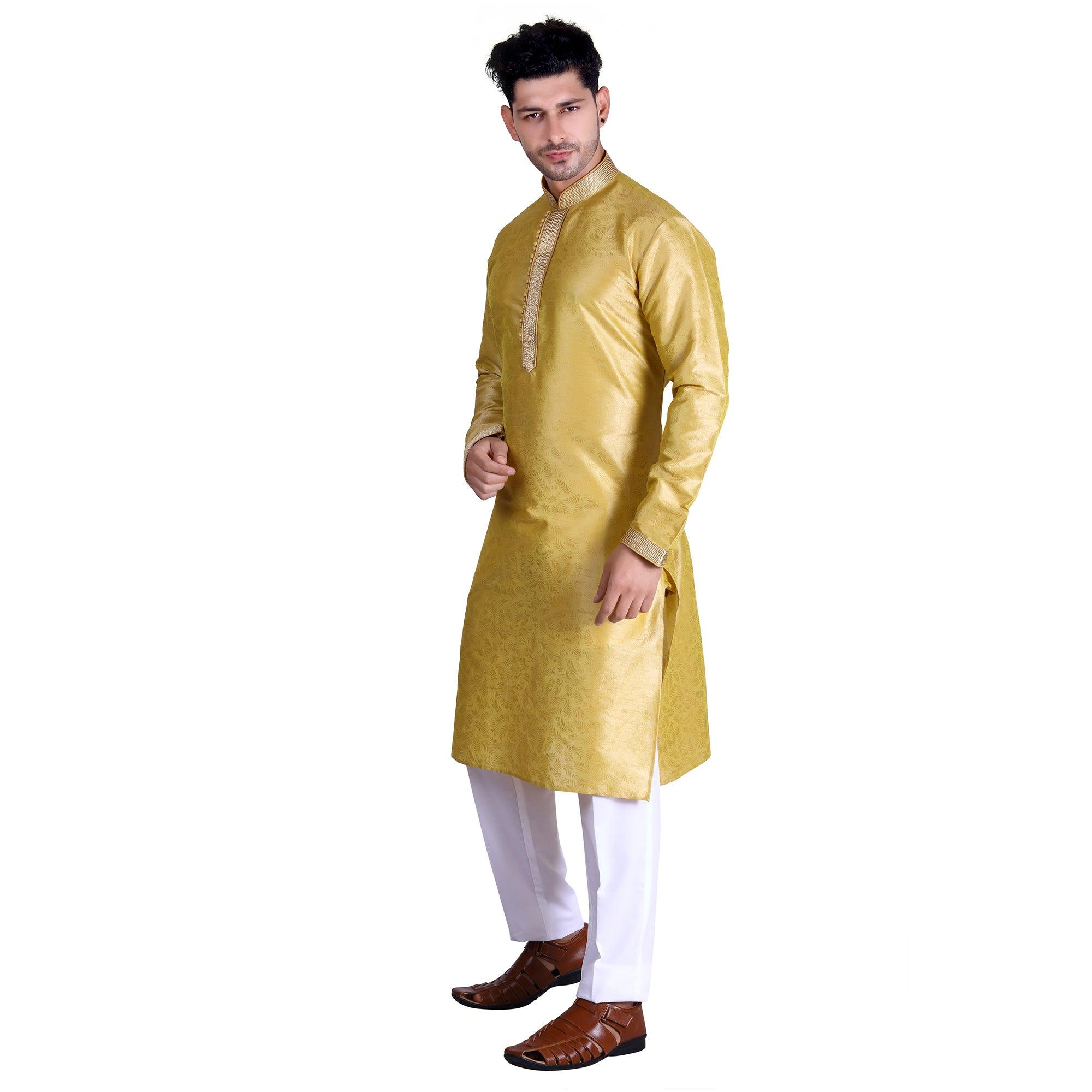 Yellow Woven Art Silk Men's Kurta Pyjama Set - Peachmode