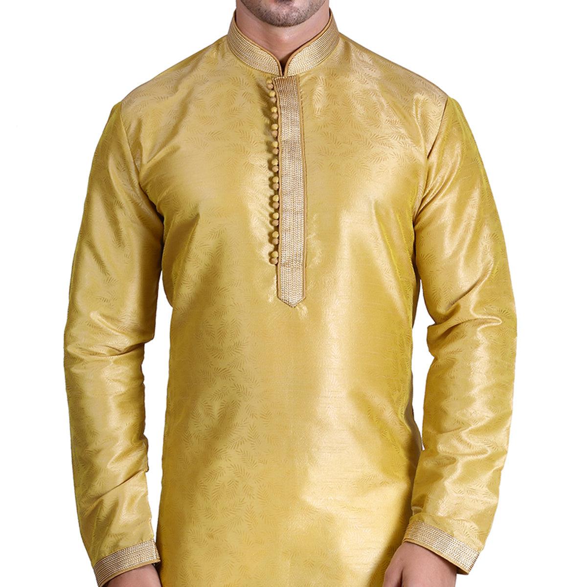 Yellow Woven Art Silk Men's Kurta Pyjama Set - Peachmode