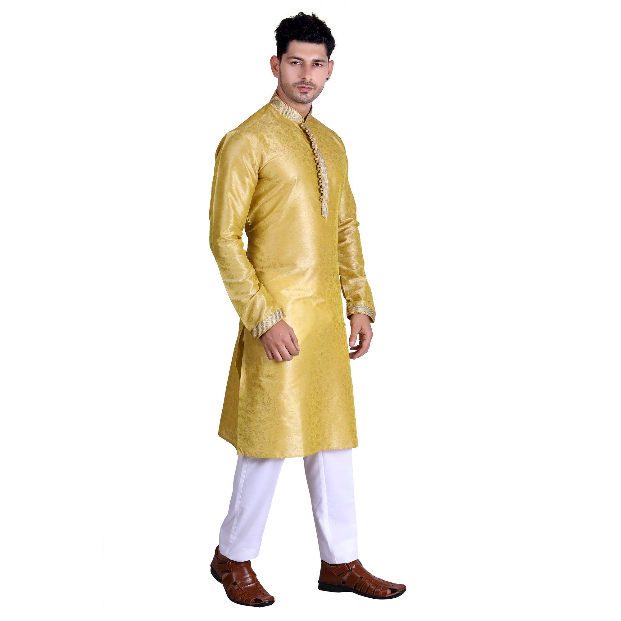 Yellow Woven Art Silk Men's Kurta Pyjama Set - Peachmode