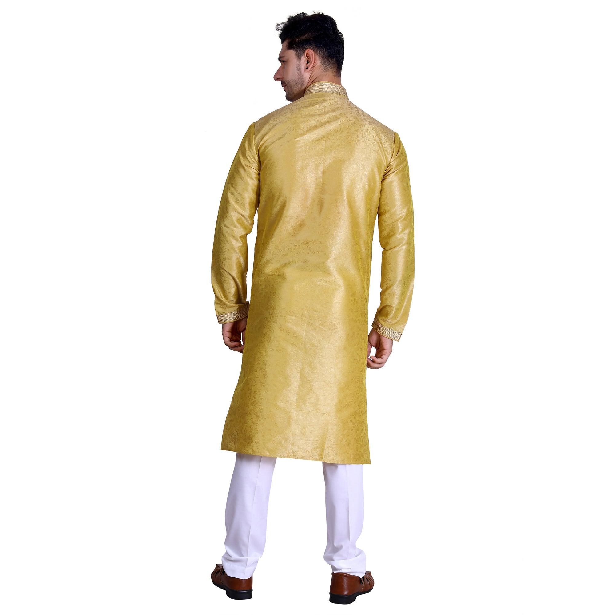 Yellow Woven Art Silk Men's Kurta Pyjama Set - Peachmode