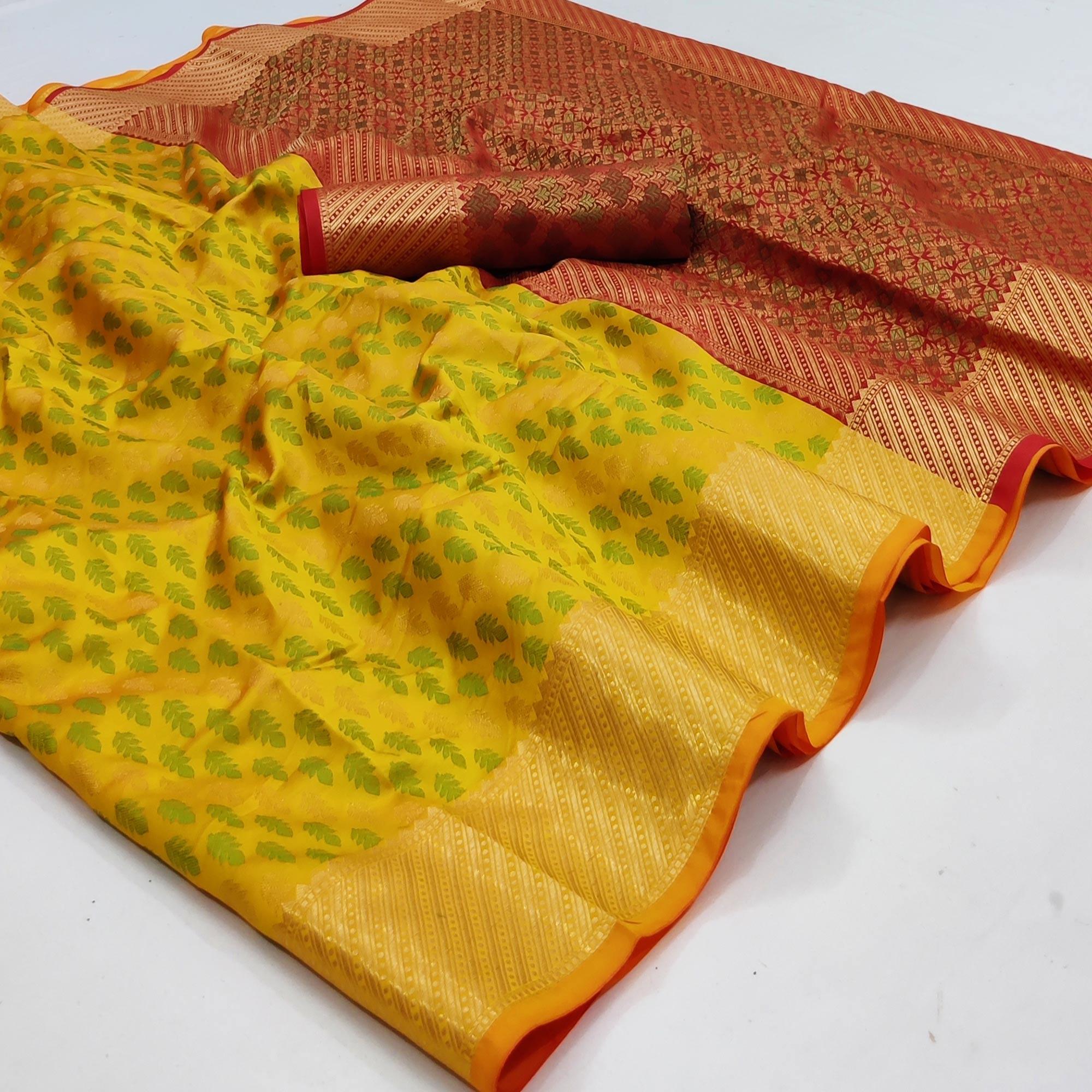 Yellow Woven Art Silk Saree - Peachmode