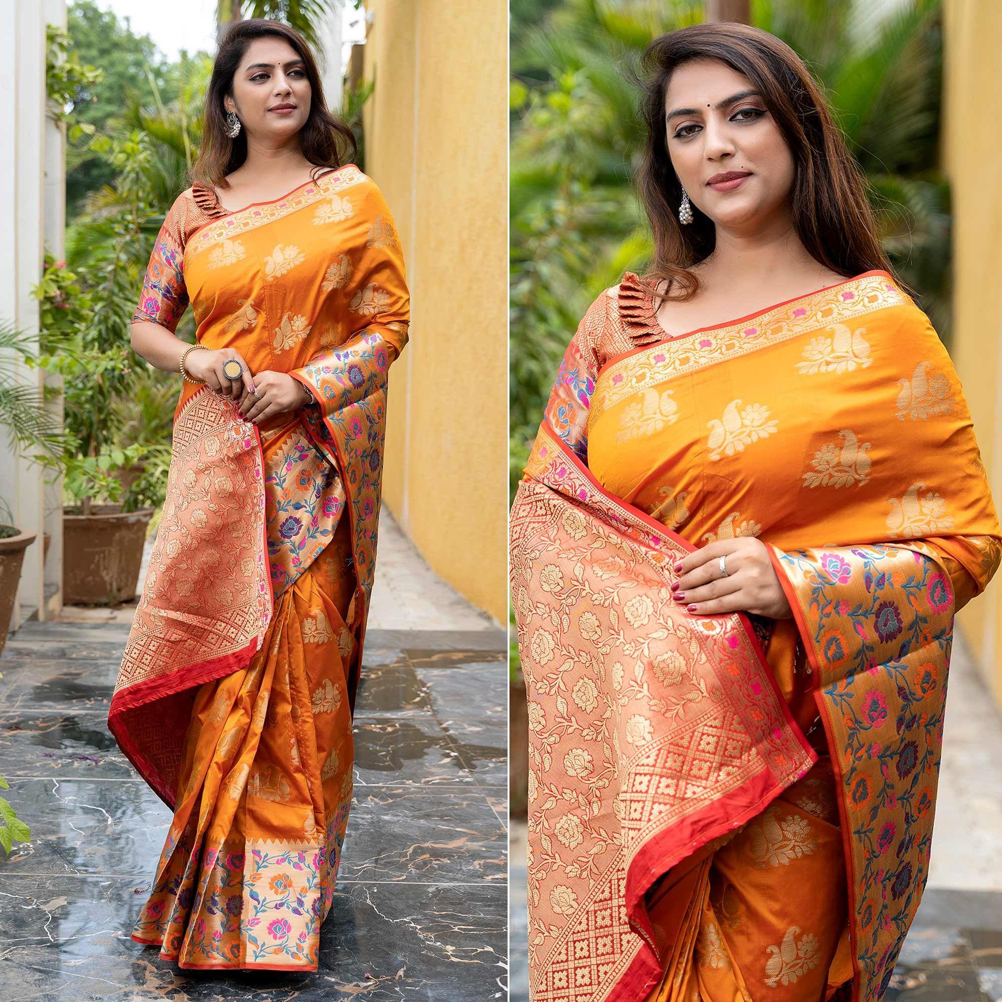 Yellow Woven Art Silk Saree - Peachmode