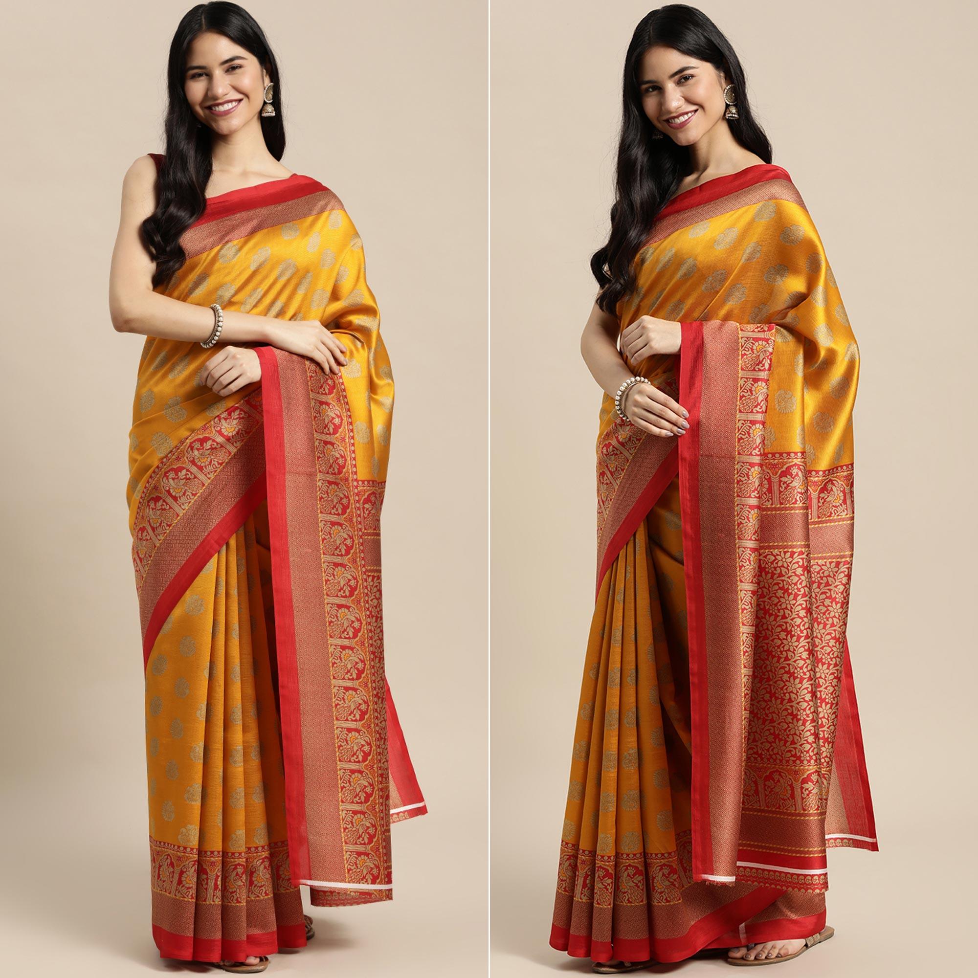 Yellow Woven Art Silk Saree - Peachmode