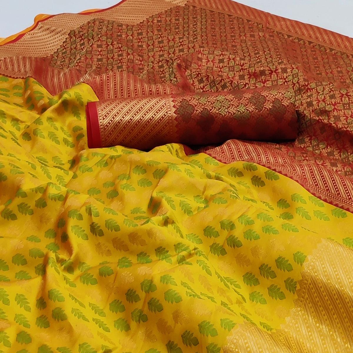 Yellow Woven Art Silk Saree - Peachmode