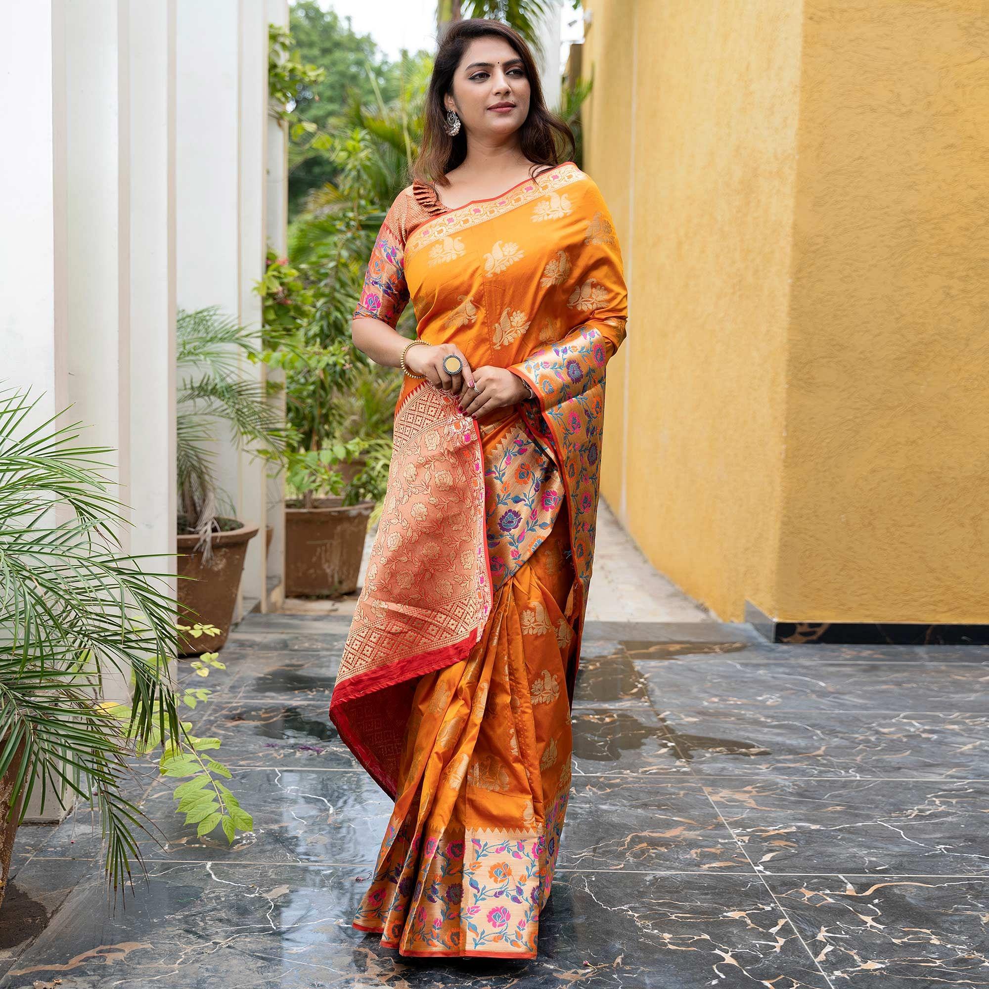 Yellow Woven Art Silk Saree - Peachmode