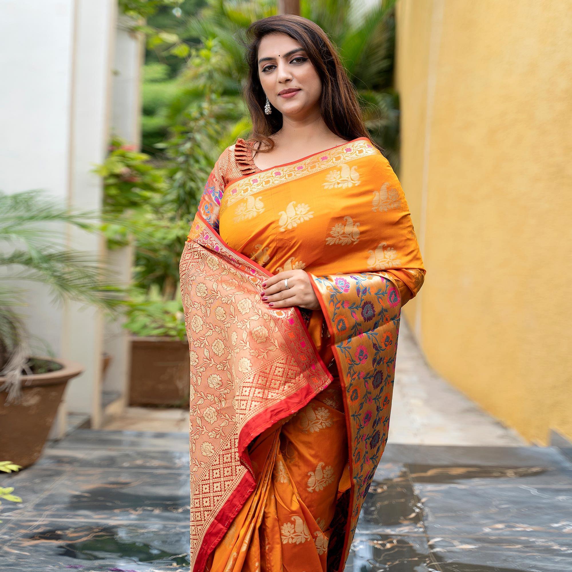 Yellow Woven Art Silk Saree - Peachmode