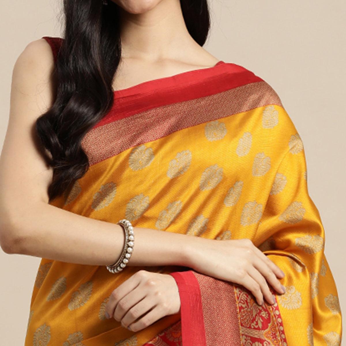 Yellow Woven Art Silk Saree - Peachmode