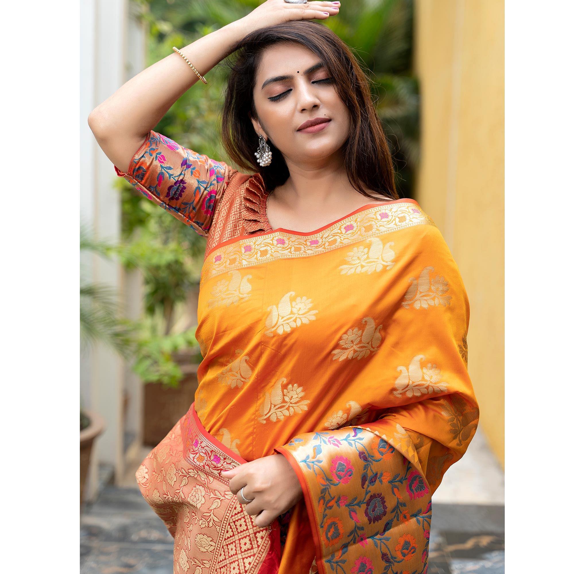 Yellow Woven Art Silk Saree - Peachmode