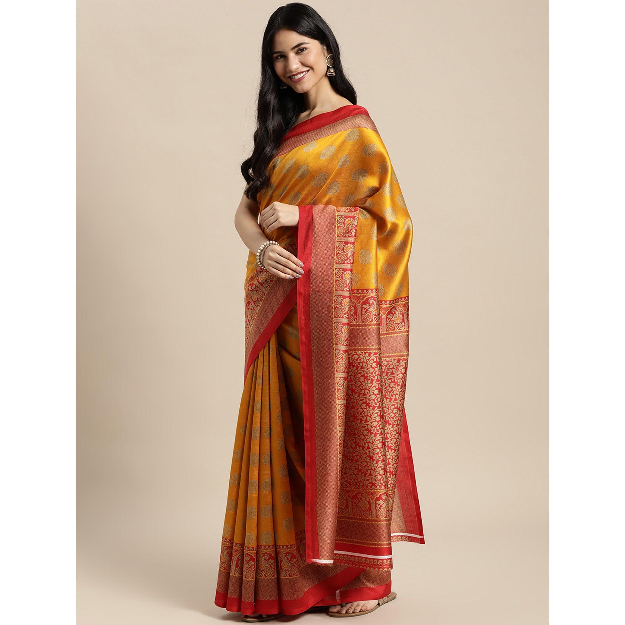Yellow Woven Art Silk Saree - Peachmode