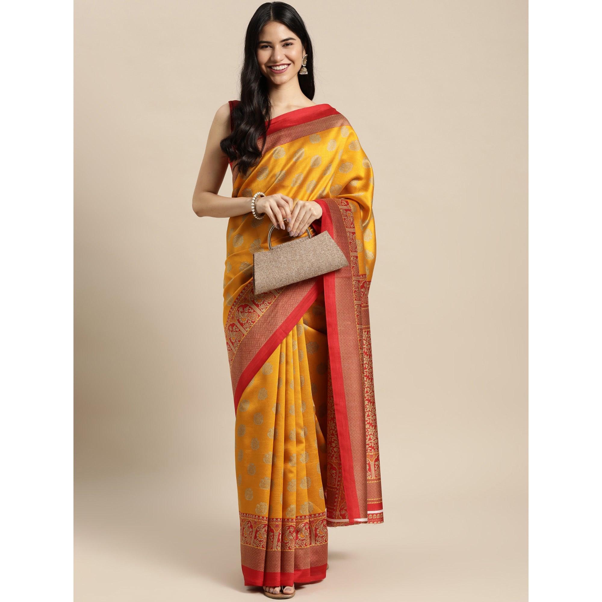 Yellow Woven Art Silk Saree - Peachmode