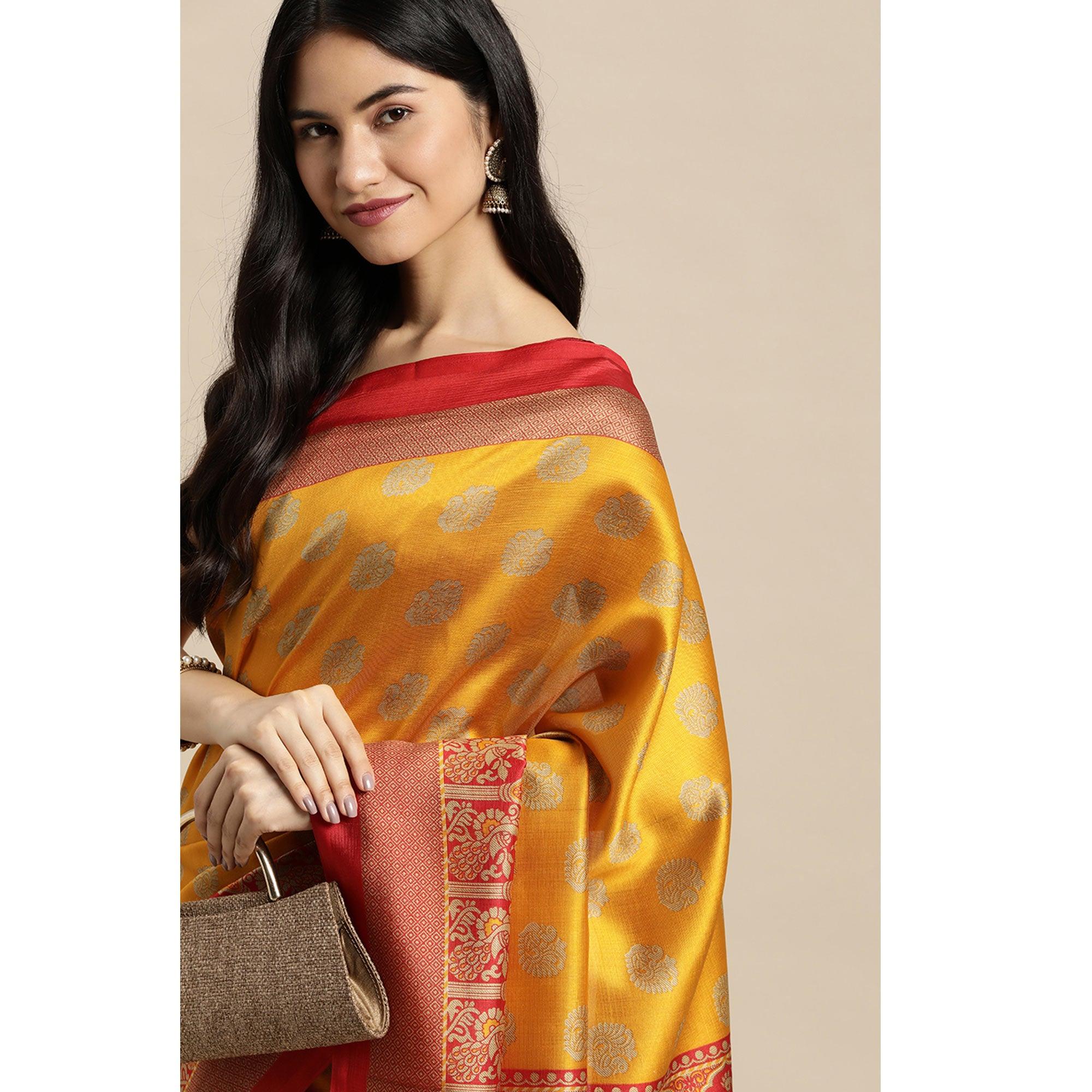 Yellow Woven Art Silk Saree - Peachmode