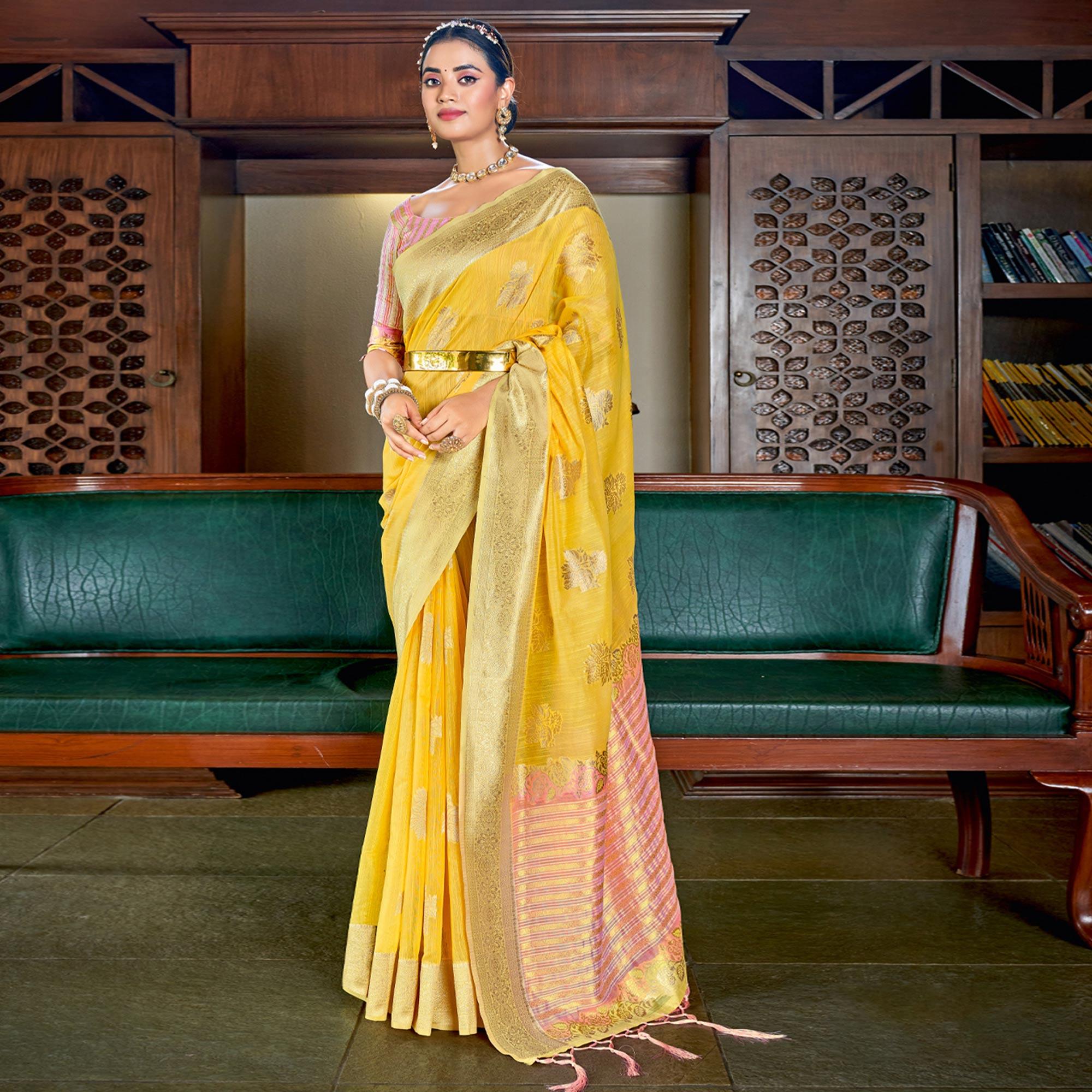 Yellow Woven Art Silk Saree With Tassels - Peachmode